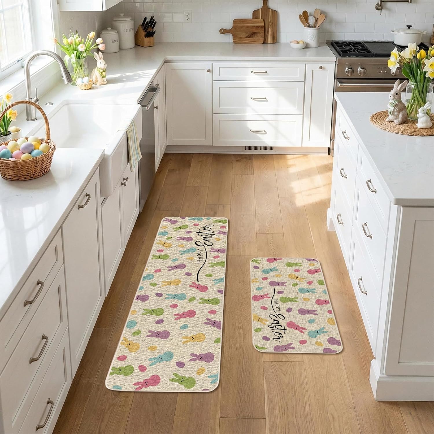 Moutina Colorful Bunny Rabbit Happy Easter Kitchen Rugs Set of 2, Spring Party Peeps Easter Decor Low-Profile Kitchen Mats for Floor - 17x29 and 17x47 Inch