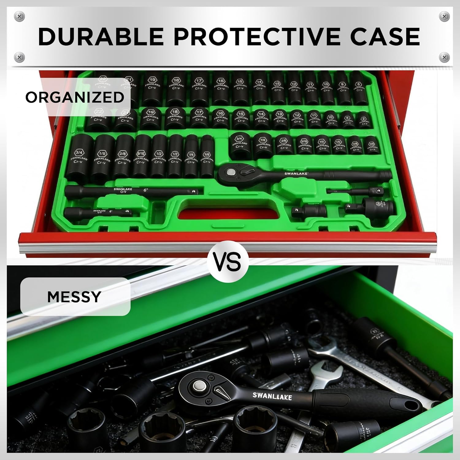 SWANLAKE 3/8'' Drive Impact Socket Set, 50-Piece Standard SAE (5/16 to 3/4 inch) and Metric (8-22mm) Size, 6 Point, Cr-V, 3/8-Inch Ratchet Handle, Extension Bar, Universal Joint