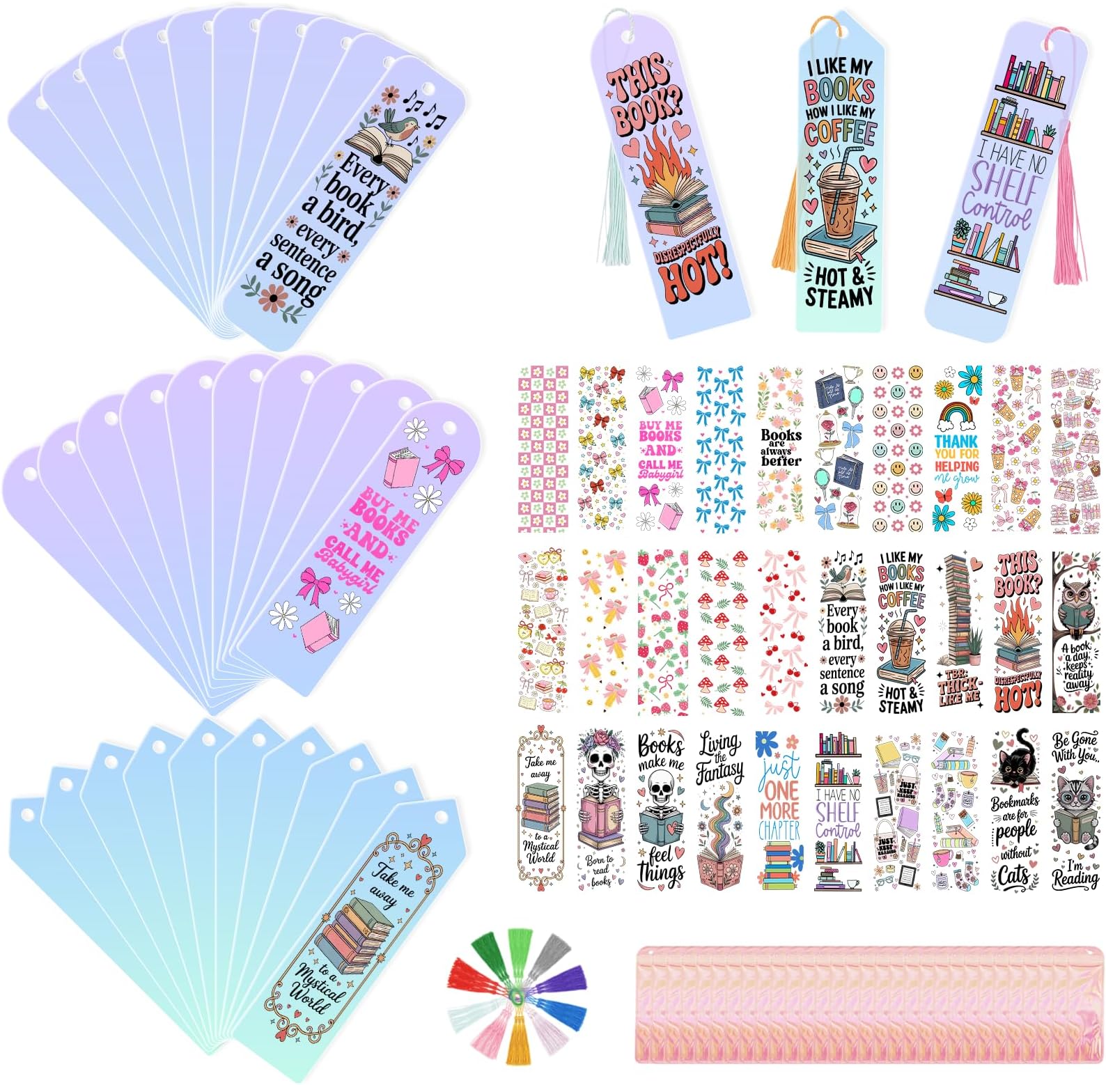 120Pcs Acrylic Bookmark Blanks Kits, Iridescent Clear Bookmarks Bulk,30Pcs Blank Bookmarks with 30PCS Booklover UV DTF Stickers and 30 Color Tassels for DIY Crafting Projects and Book Lovers Gifts