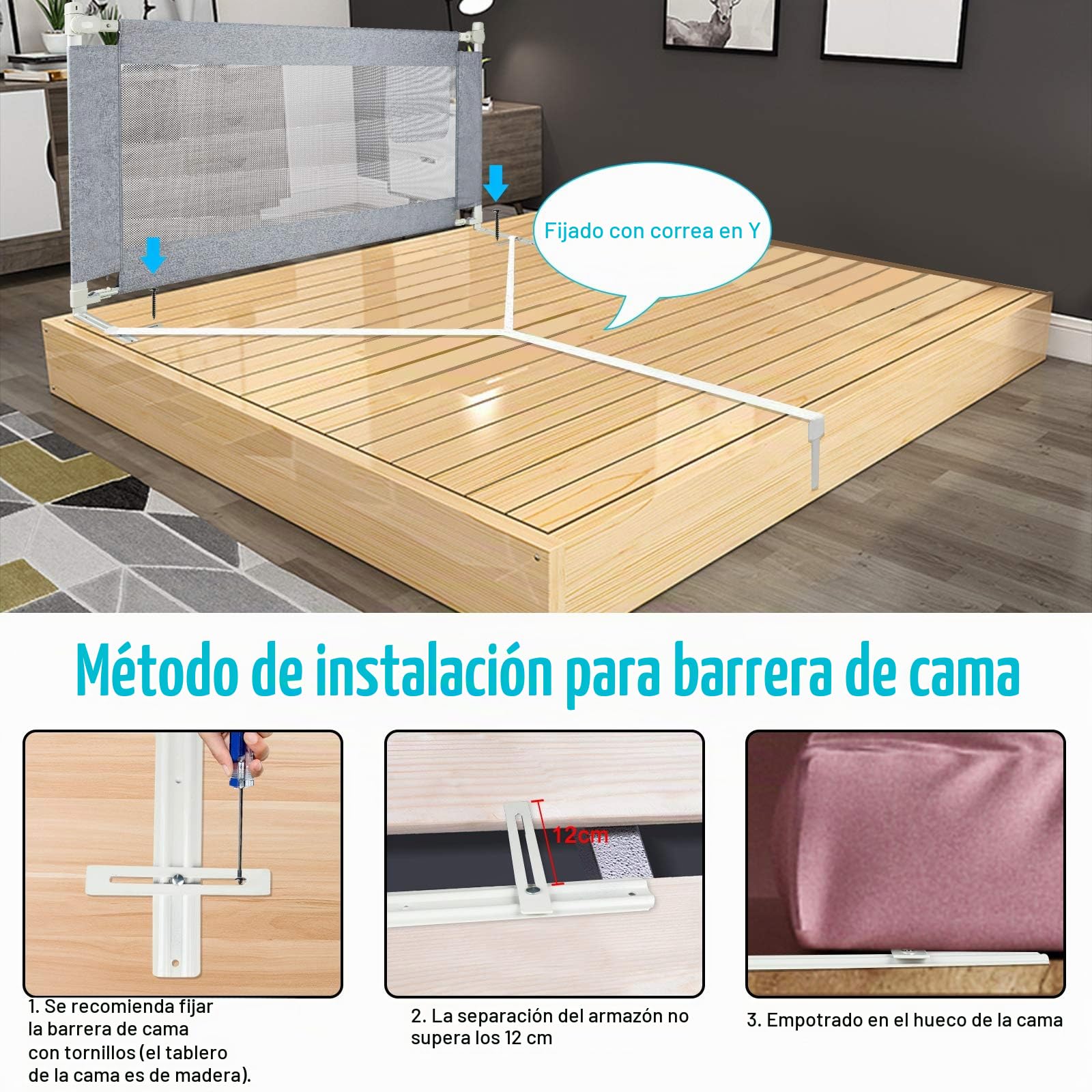 Barrera de cama con diseño de hebilla para bebés y niños, altura ajustable, 200 cm, gris