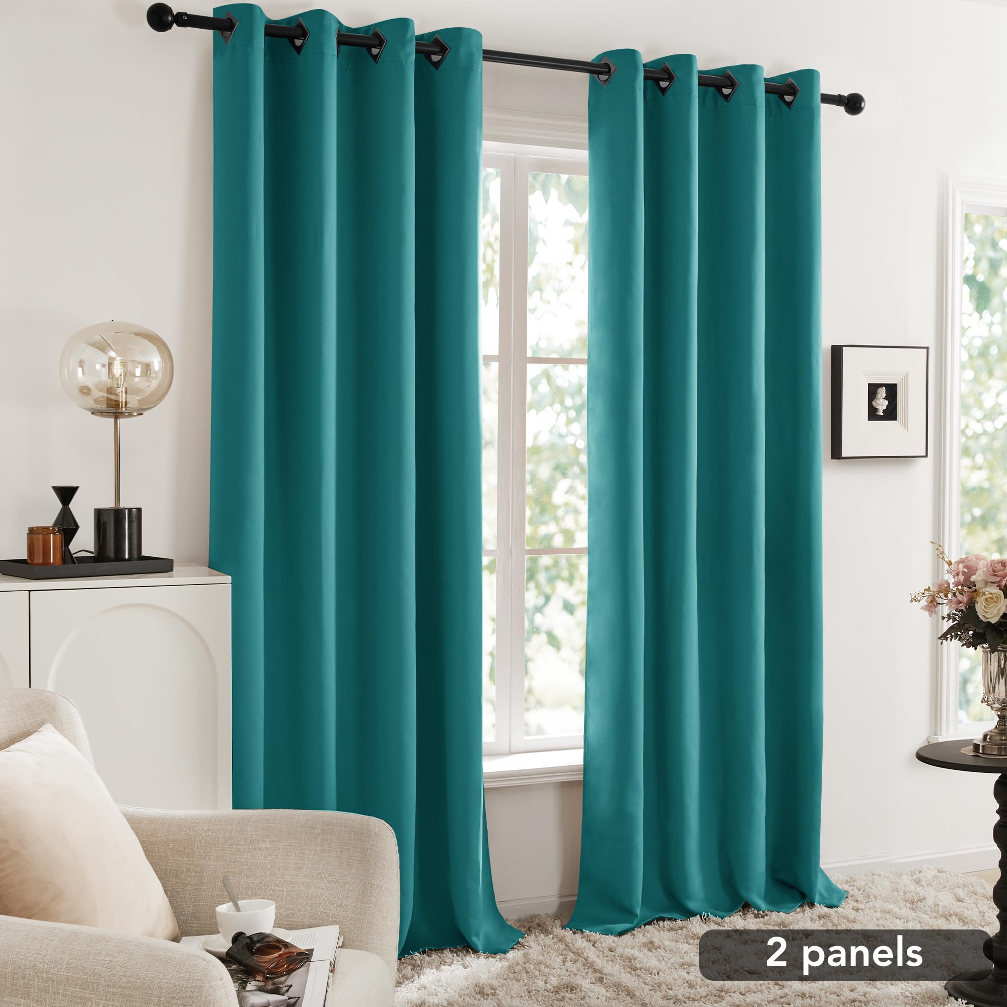 Rideaux Occultants Rayés Blanc Et Sarcelle DecoNovo – 2 Panneaux 53x84 Pouces, Tige Poche