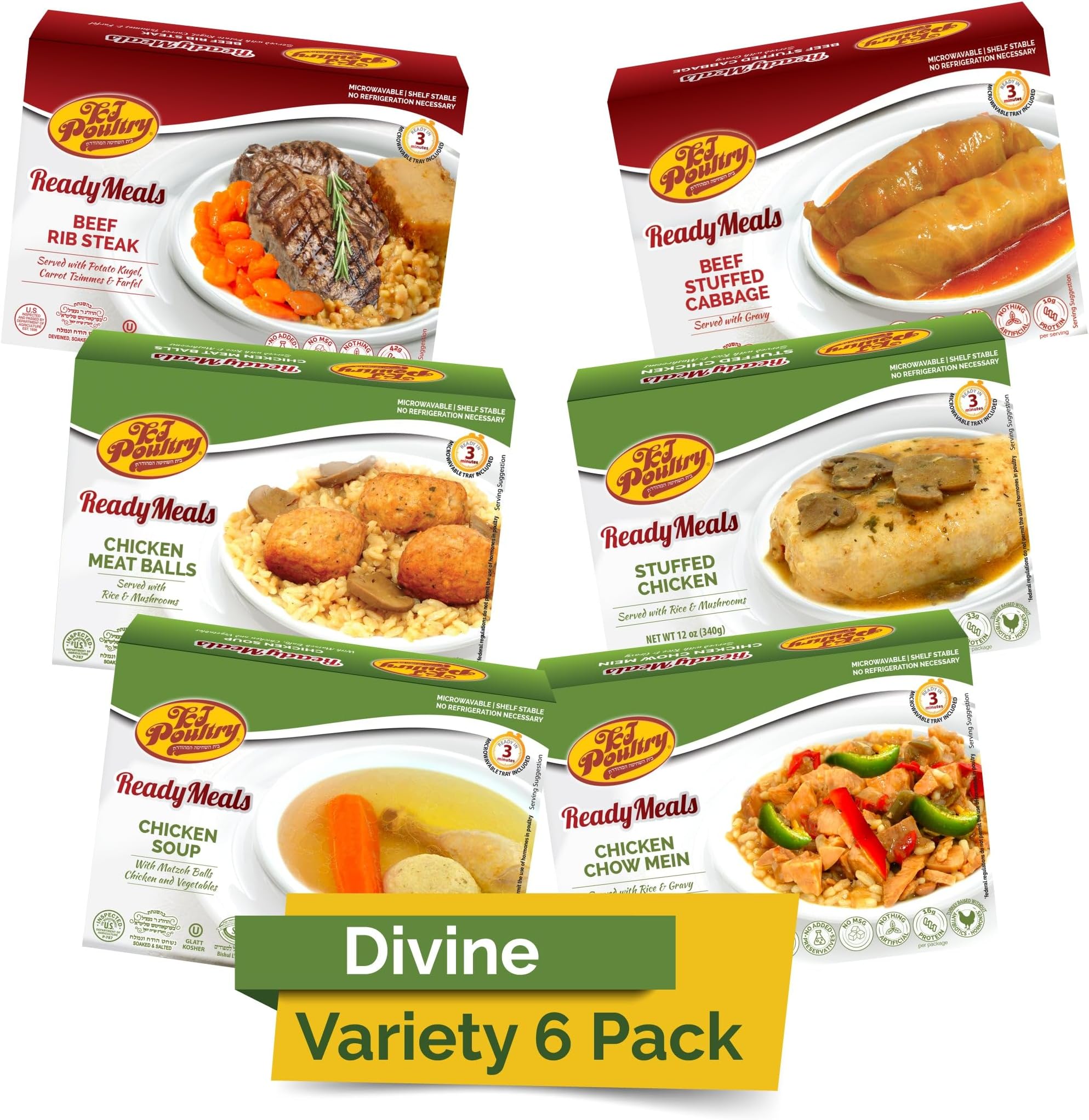 KJ Poultry Kosher Ready Meals - (6 Pack Divine Variety - Beef & Chicken) Prepared Entree Fully Cooked, Shelf Stable Microwave Dinner Travel Military Camping Emergency Survival Protein