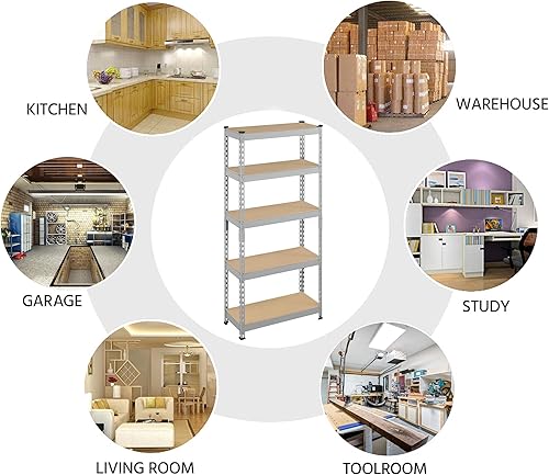 Miniatura 9 de Topeakmart Estantes utilitarios de 5 niveles, para almacenamiento, de metal, ajustables, montaje sin tornillos, para cobertizo, almacén, garaje o