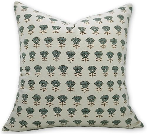 Fundas de almohada de algodón de lona de pato con estampado de bloques de 14 x 14 pulgadas, fundas de almohada decorativas hechas a mano para sofá y