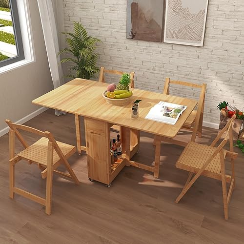 Folding Dining Table with Chairs, Foldable Dining Table Set for 4, No Assembly, Extendable Folding Dining Room Table Set with Drawers and Casters, Bamboo, Suitable for Kitchen and Comedor (Light Wood)
