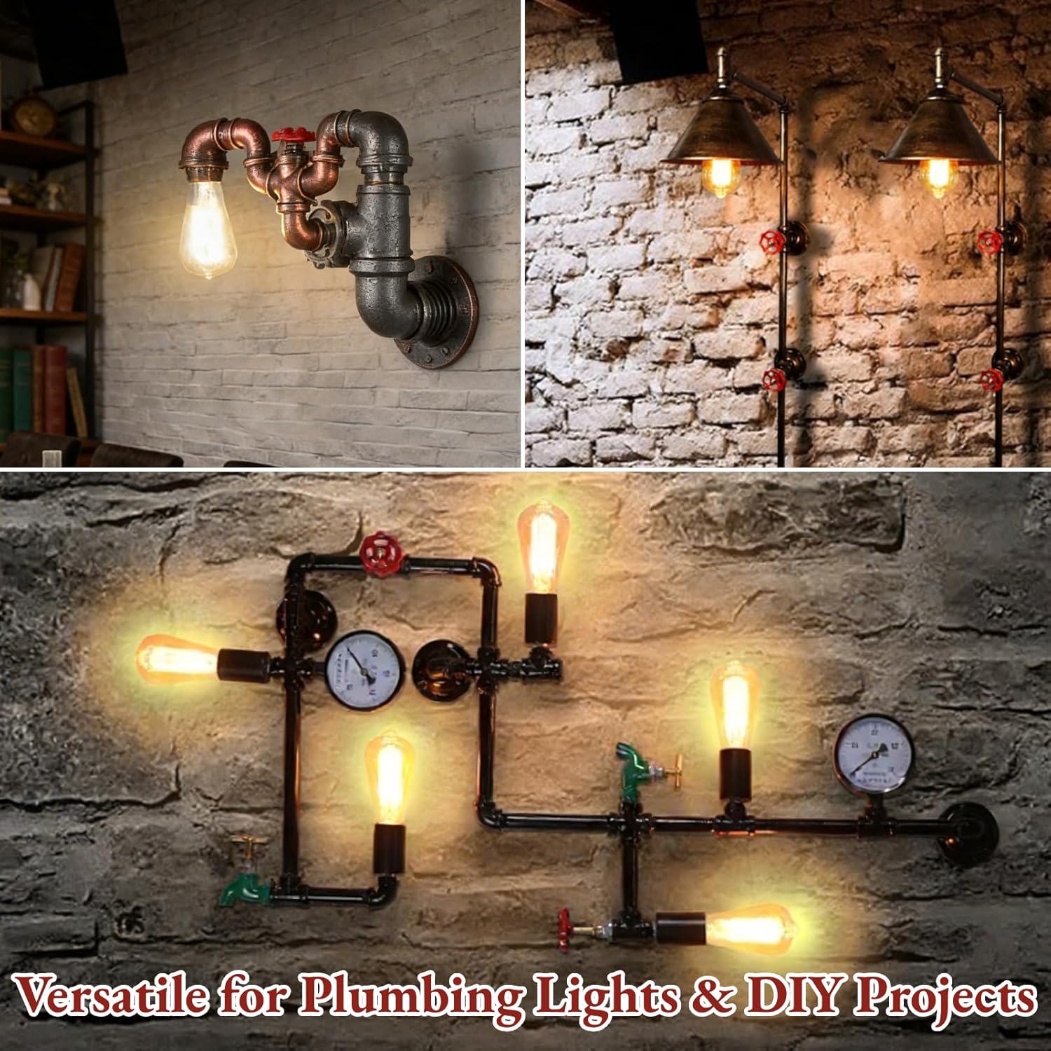 AUNMAS Retro Steampunk Light Switch, G1/2 Inch Water Pipe Valve Switch for Industrial Lamp, Vintage Brass and Iron ON/OFF Stop Valve with Wire (Red Bronze)
