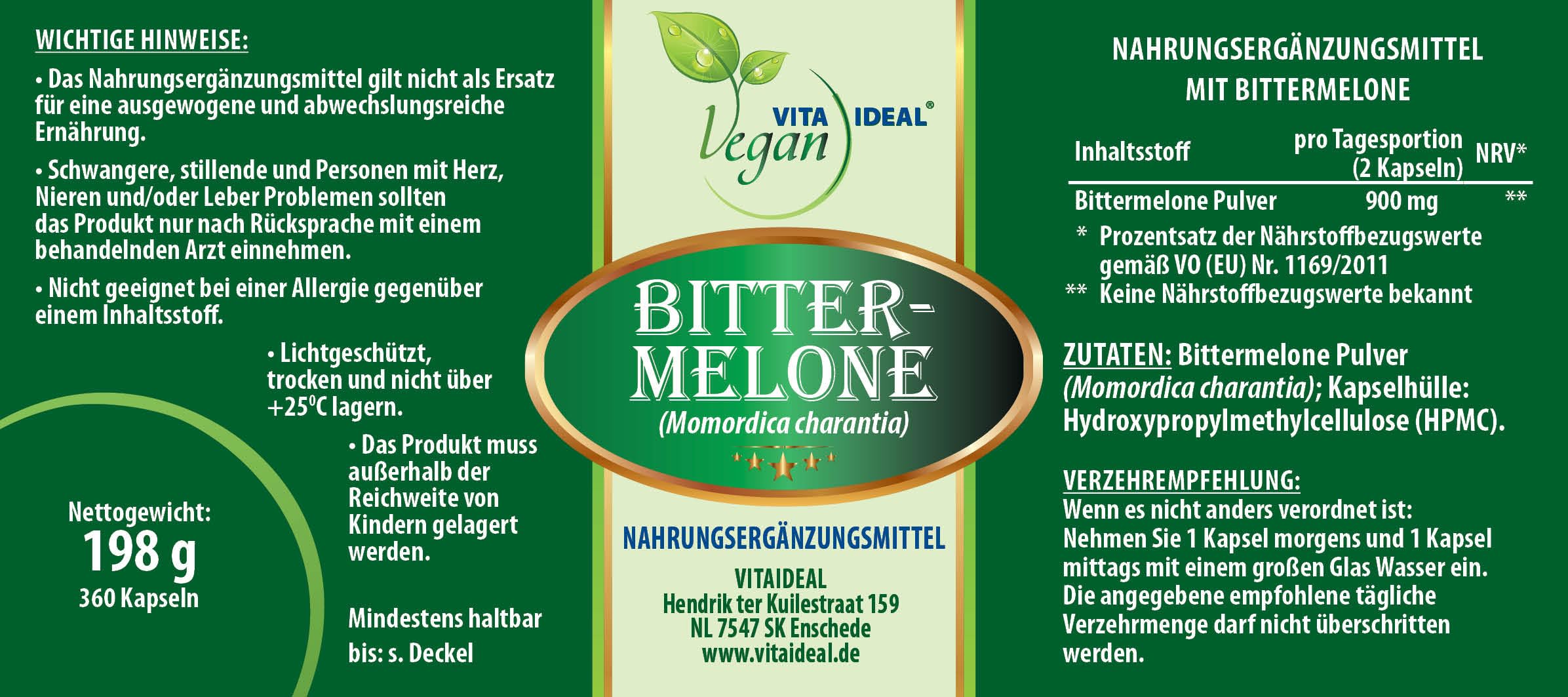 VITA IDEAL Vegan® BITTER - MELONE 3x 360 KAPSELN - Momordica charantia - Tagesportion 900mg, BITTERMELONE reines Pulver. Natürlich, pflanzlich & ohne Zusatzstoffe.