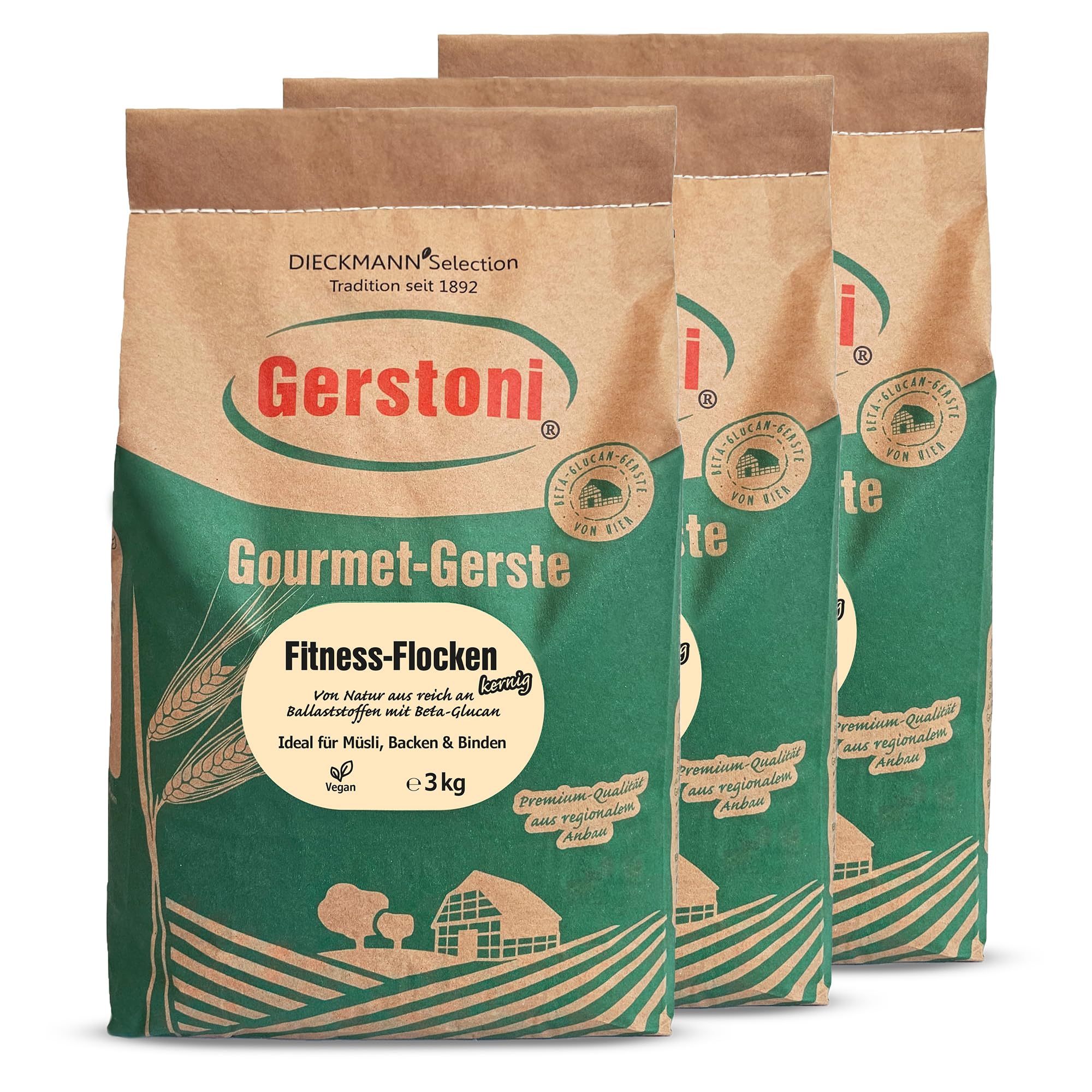 Gerstoni Fitnessflocken kernig (3x3kg), mild-nussige Gerstenflocken in PREMIUM-QUALITÄT für Gesundes Frühstück, Kochen und Backen mit Beta-Glucan