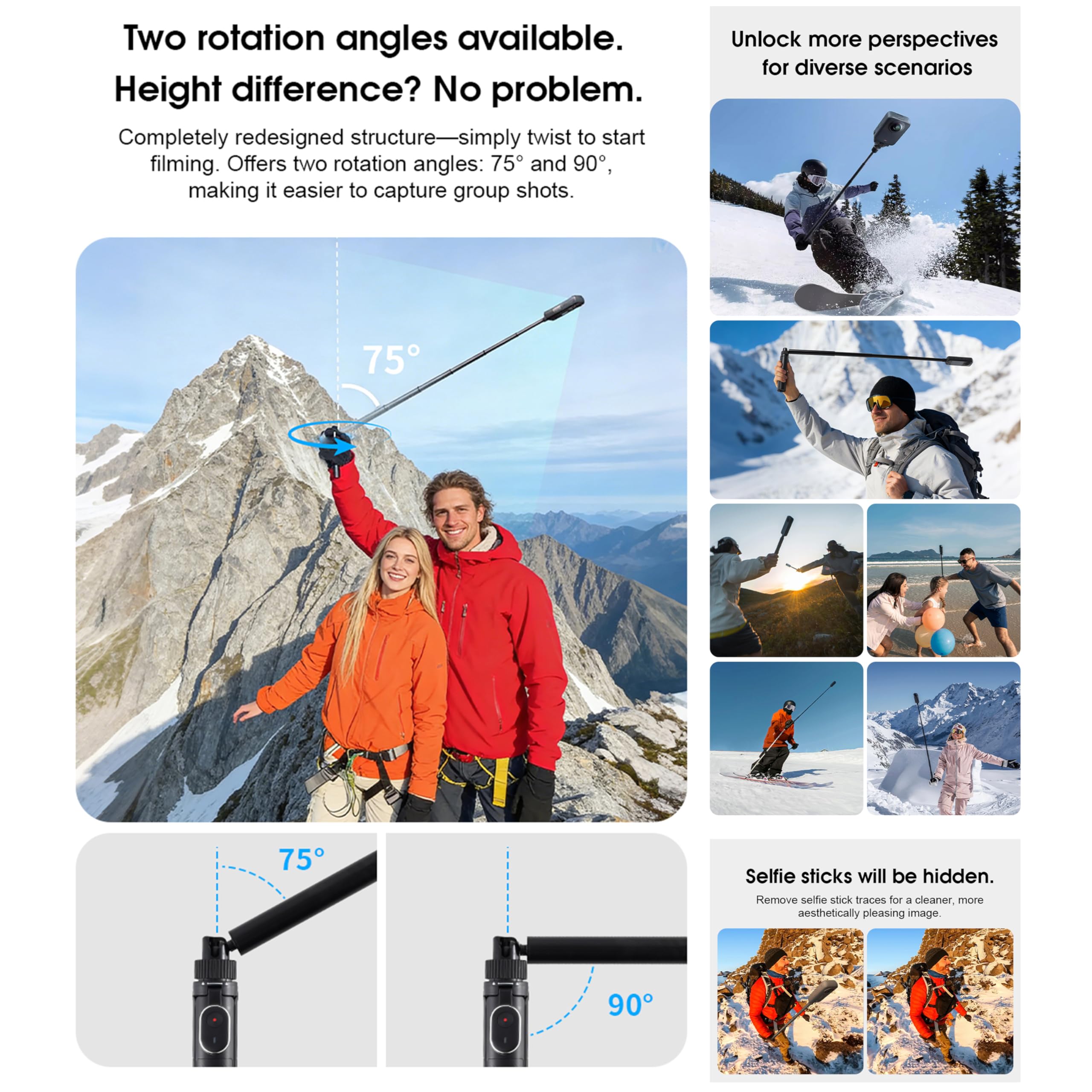 Uchwyt obrotowy statywu Bullet Time z niewidocznym kijem do selfie, do Insta360 X5/X4/X4 Air/X3/X2/X, do OSMO Pocket 3/360, gwint 1/10.2 cm kompaktowy kij do selfie i składany statyw stołowy (typ 1)