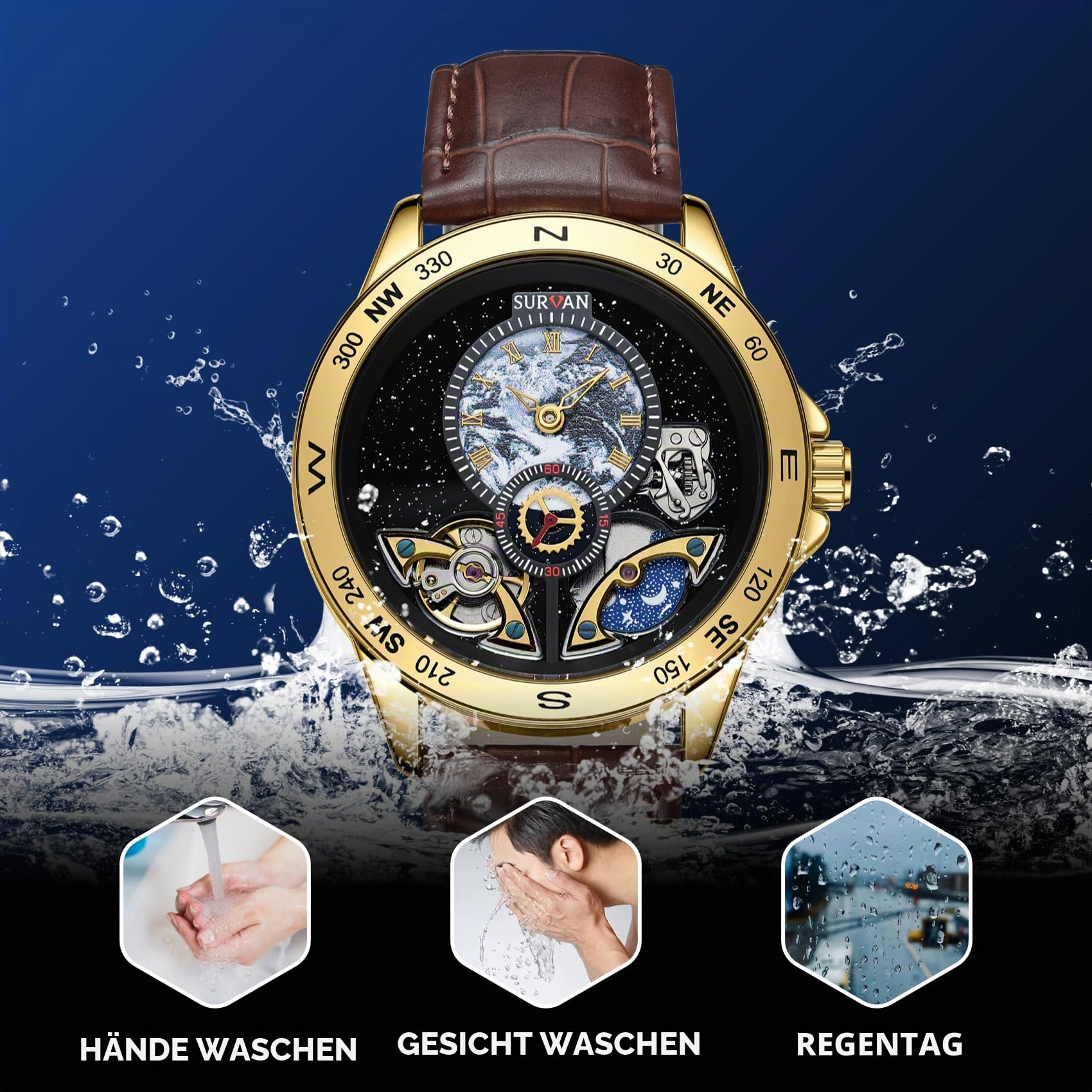 SURVAN Armbanduhr Designer automatische schweizerische Armbanduhr für Männer Weltzeit 18k Gelbes Gold Saphir-Kristalle Mechanische Skelettuhr Echtes Leder Armband | Lederarmband, wasserabweisend, Weltzeit-Zifferblatt, selbstaufziehend, Skelett-Uhren für H