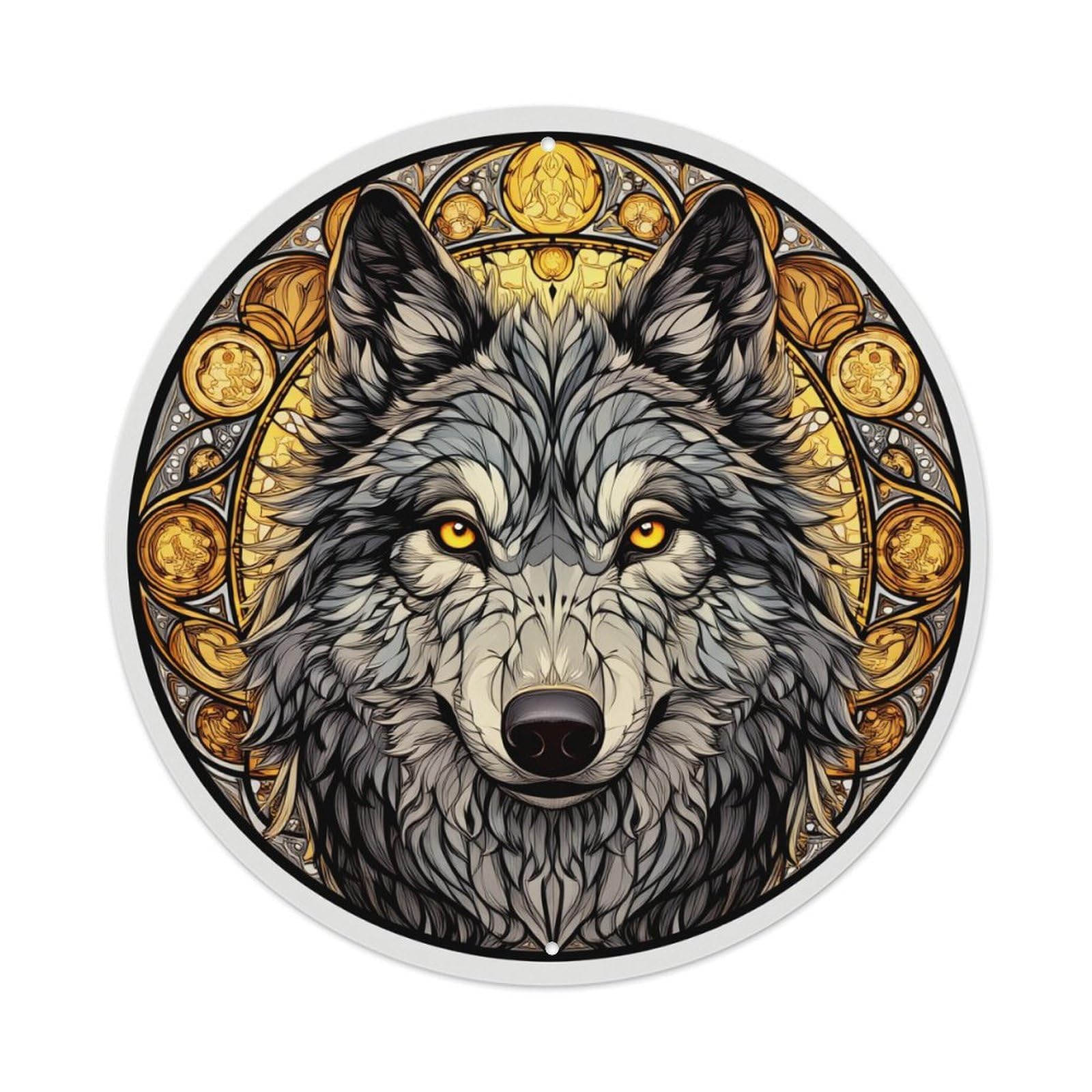 Wolf Head With Golden Ornaments Round Tin Sign Retro Metal Sign for Cafe Bar Pub Home Game Room Gym Club Wall Decoration Vintage Metal Poster 8x8 Inch