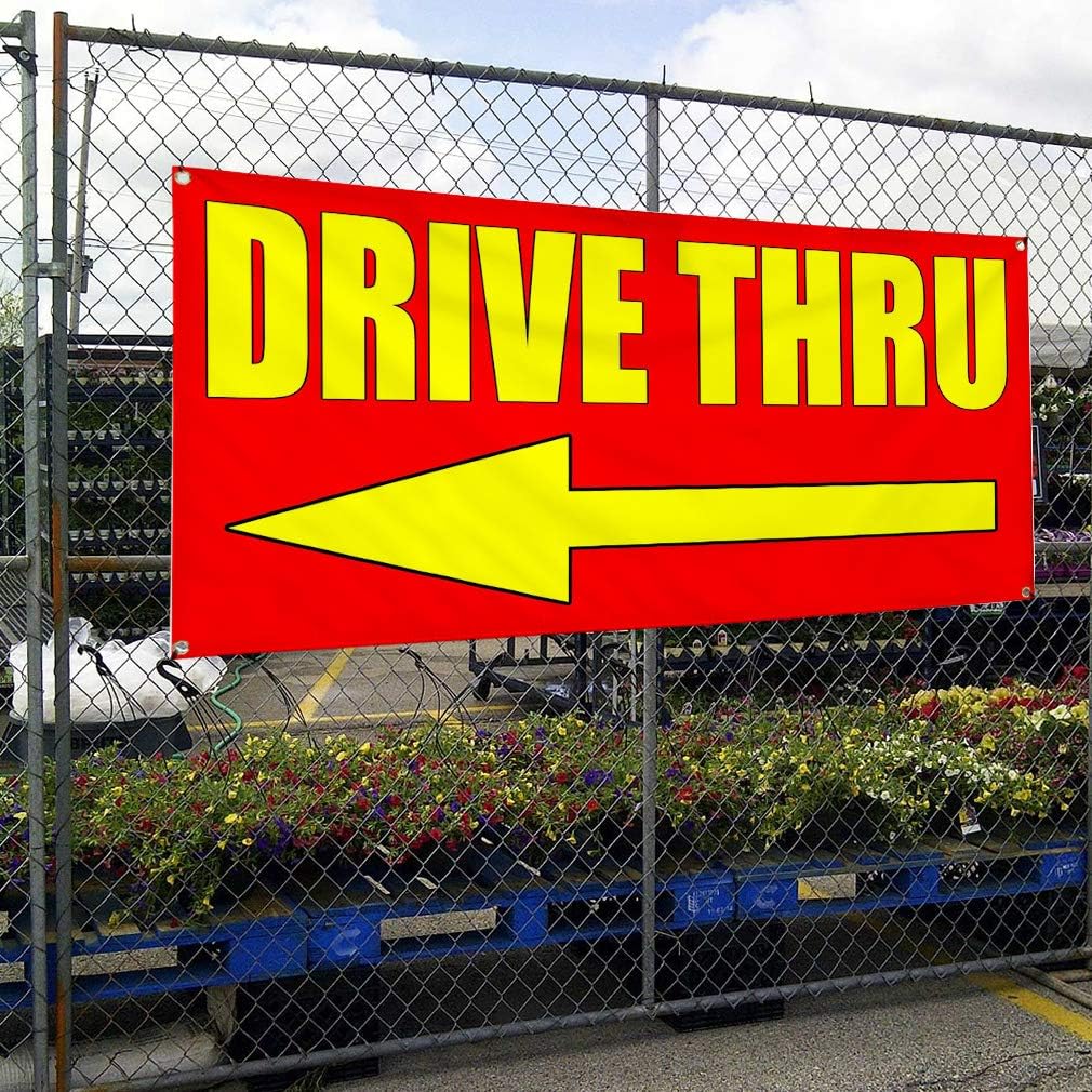 Vinyl Banner Multiple Sizes Drive thru with Left Arrow Style 2 Drive thru Signage Outdoor Weatherproof Industrial Yard Signs 4 Grommets Design Only 16x40Inches