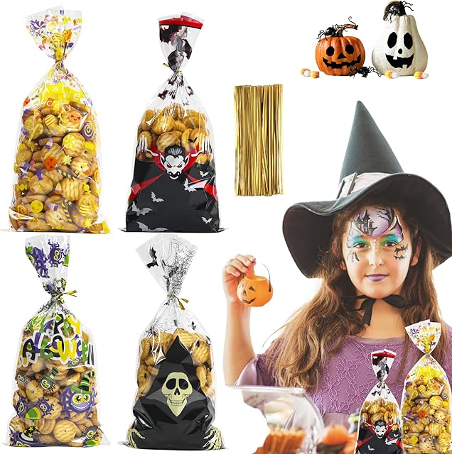 Crethink 100 Pieces Halloween Cellophane Bags Halloween Theme Cello Treat Gift Bags Vampire Baron Bat Spider 120 Pieces Black Blue Silver