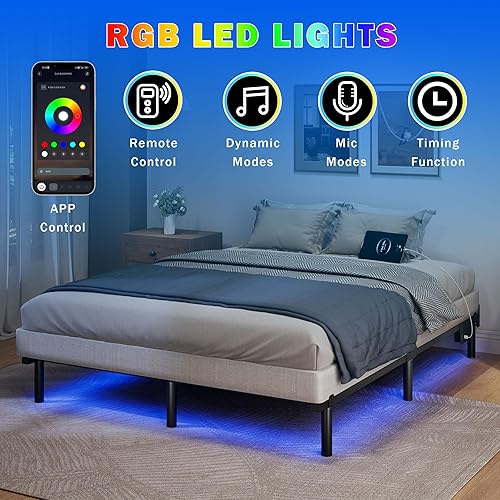 Miniatura 3 de Base de cama de tamaño matrimonial con LED, marco de cama de acero metálico de 7 pulgadas para somier y colchón, base de cama resistente Basics, sin