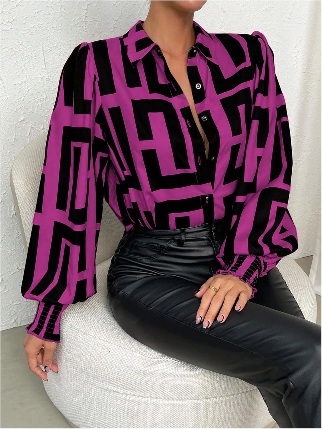 SweatyRocks Women's Graphic Print Long Lantern Sleeve Collar Neck Button Front Blouse Shirt Top Medium