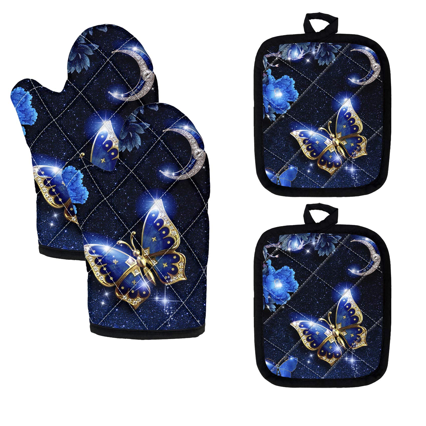 Maniques papillon bleu avec doublure coton de qualité pour cuisson sécurisée