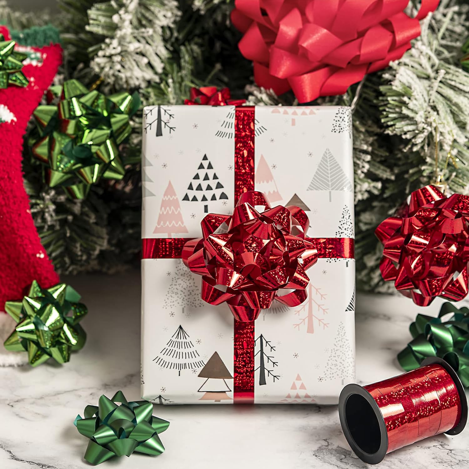 WRAPAHOLIC 16 Pcs Gift Bows Assortment - 14 Multi Colored Assorted Size Gift Bows (Holographic Red and Green) and 2 Crimped Curling Ribbons, Perfect for Christmas, Holiday, Party - Image 5