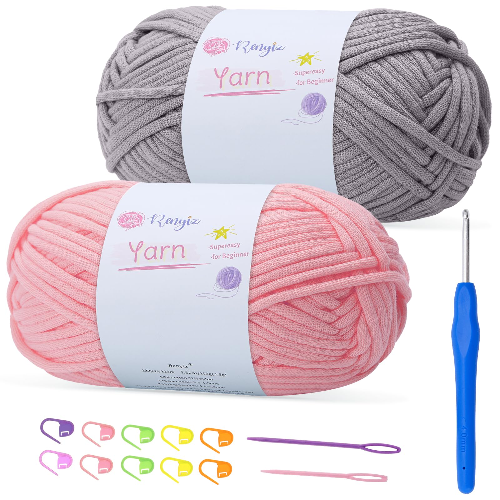 100gx2 Chunky Cotton Crochet Yarn with 4mm Hook, Soft Non-Split Thick Yarn for Amigurumi DIY Gifts Home Decor