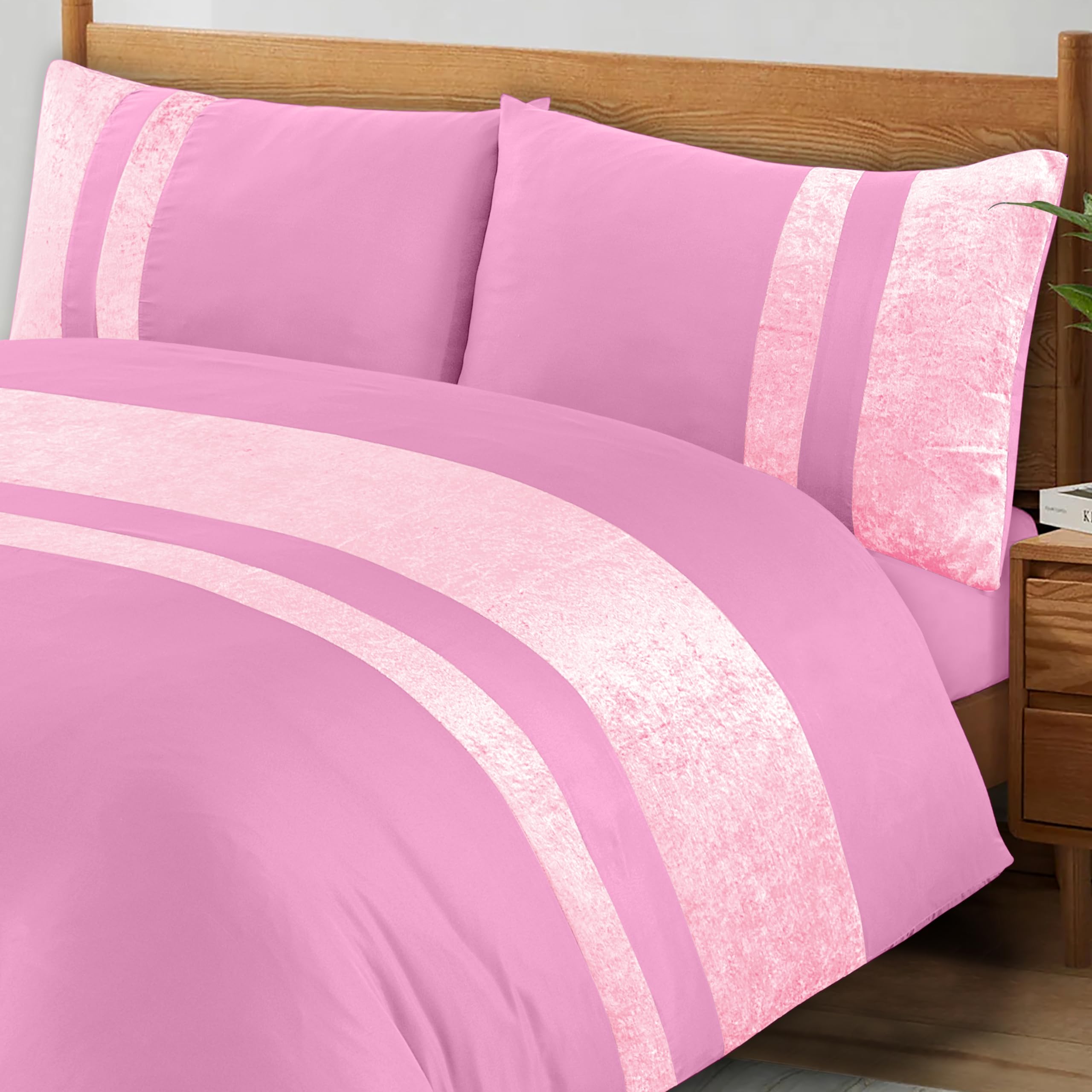 ZZZMRH Luxury Crushed Velvet Bedding Double Bed Set with 2 Pillow Cases – Pink Color Crush Velvet Panel Band Double Duvet Set