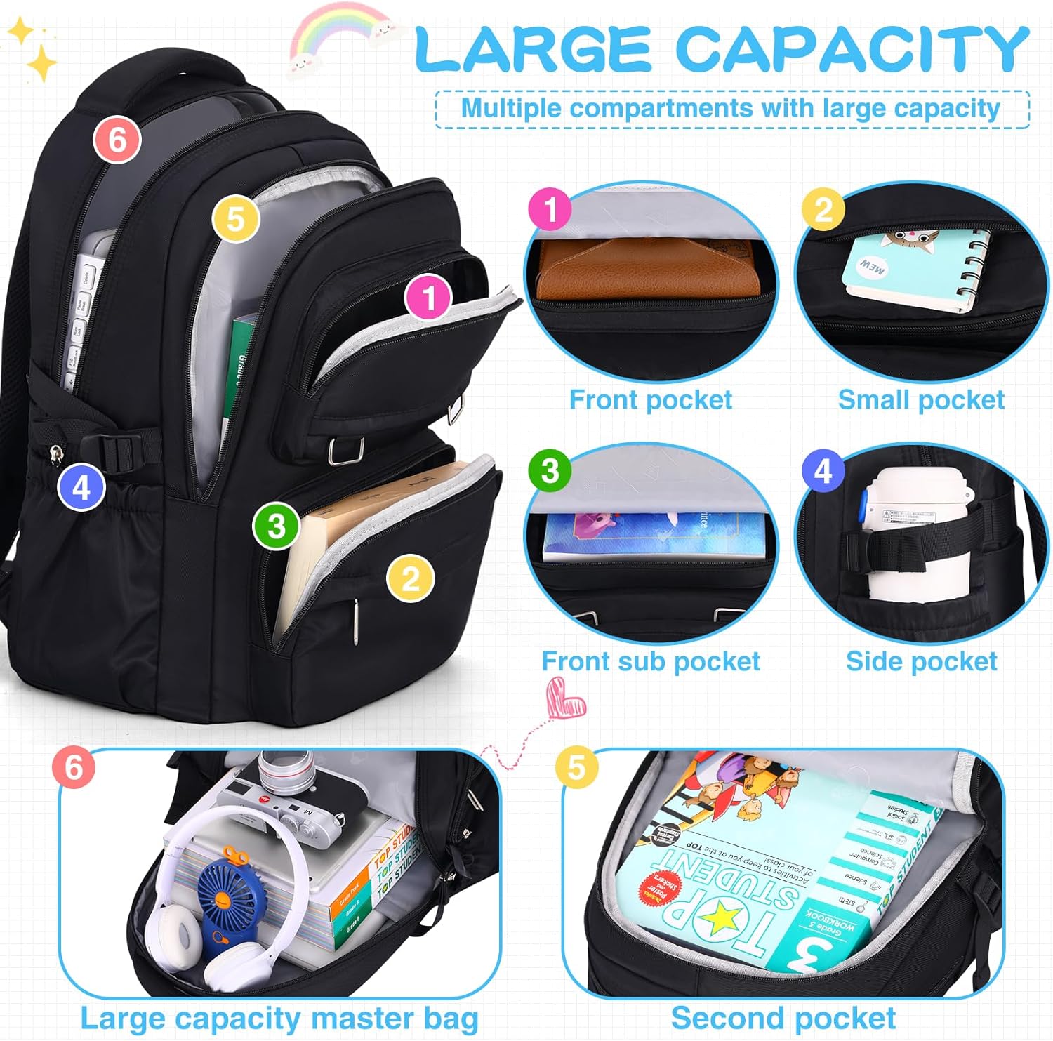 School Backpack for Kids Girls Cute Travel Backapck for College Women Men Casual Laptop Bookbag for Teen Student(Black) - Image 5