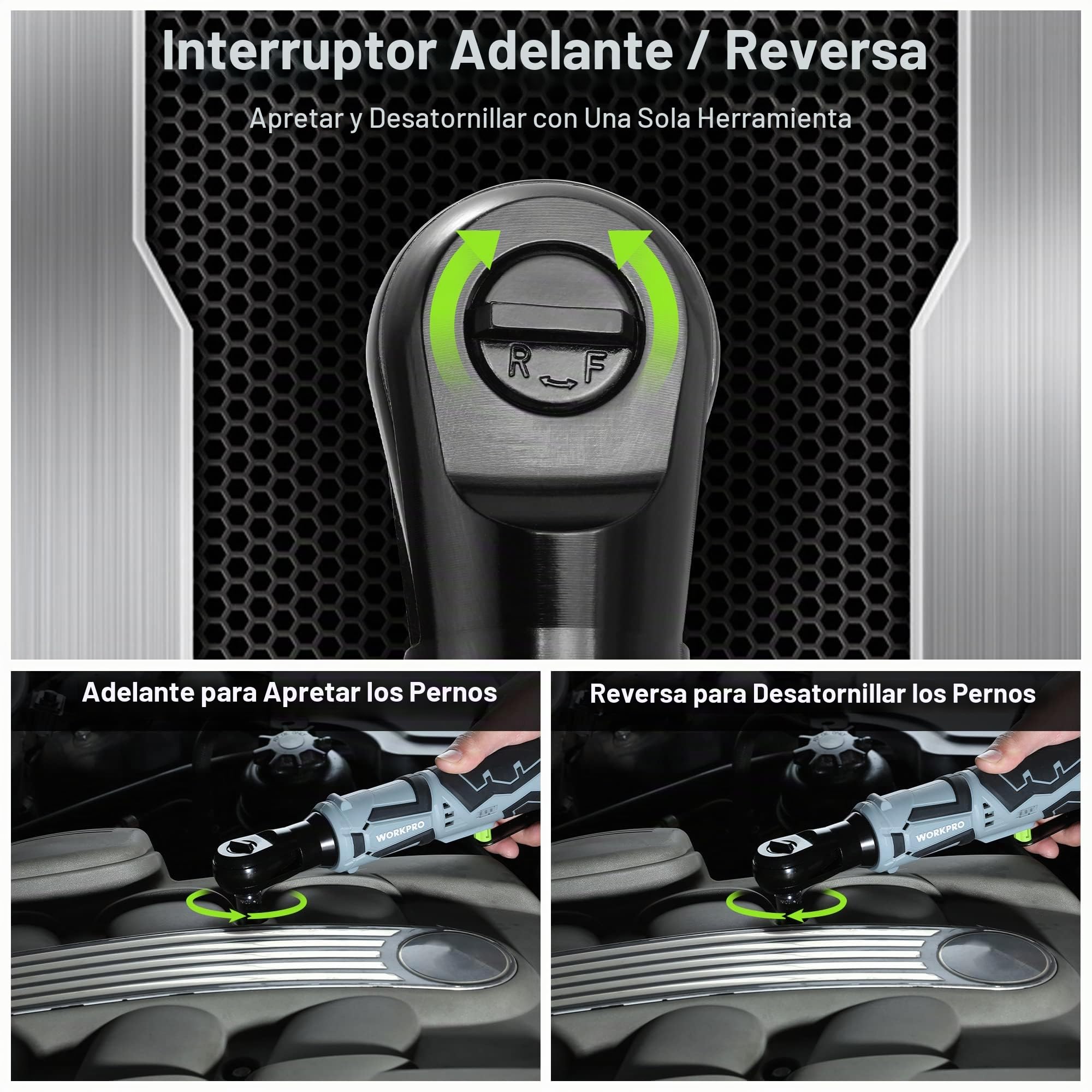 WORKPRO Llave Trinquete Eléctrica Inalámbrica 12V, 55Nm con Accesorios | Herramienta Inalámbrica con Batería 2000mAh, Velocidad Variable y 9 Accesorios para Trabajos de Reparación