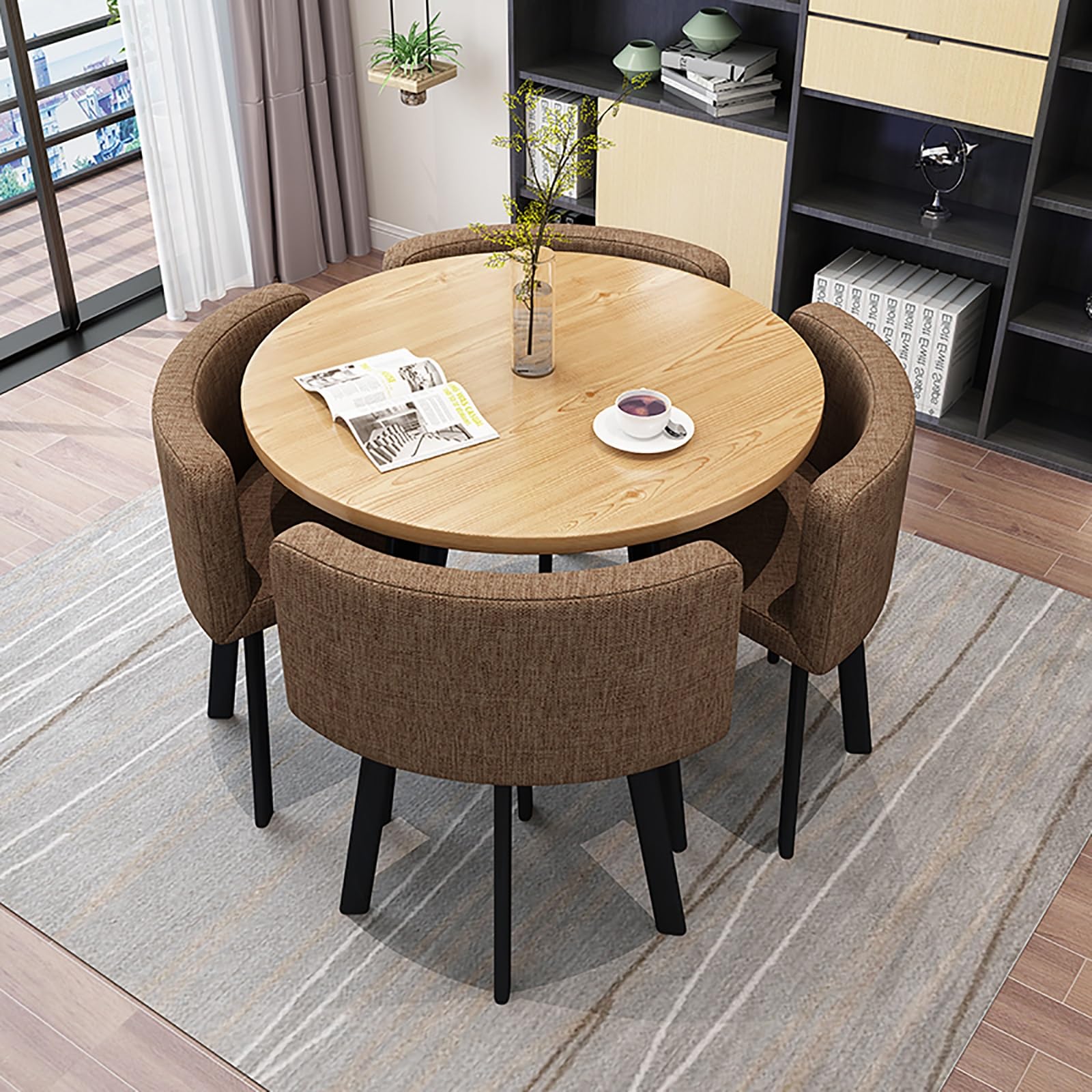 Round Dining Table Set for 4 with Marble Top and Chairs Office Reception Desk and Chair Set Suitable for Lounge Living Room Modern Furniture Dining Set,Brown-Round-Fabric