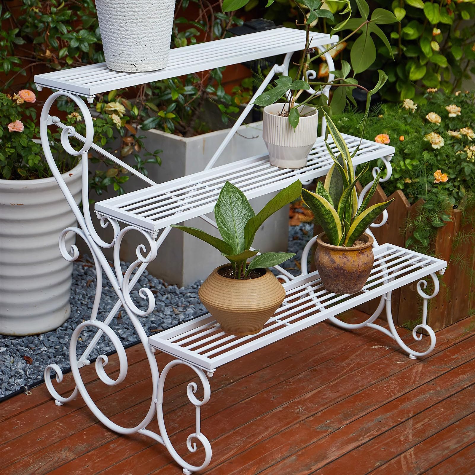Support échelle à 3 niveaux pour plantes - Autonome - Gain de place - Pour intérieur ou extérieur - Pour jardin, terrasse, balcon