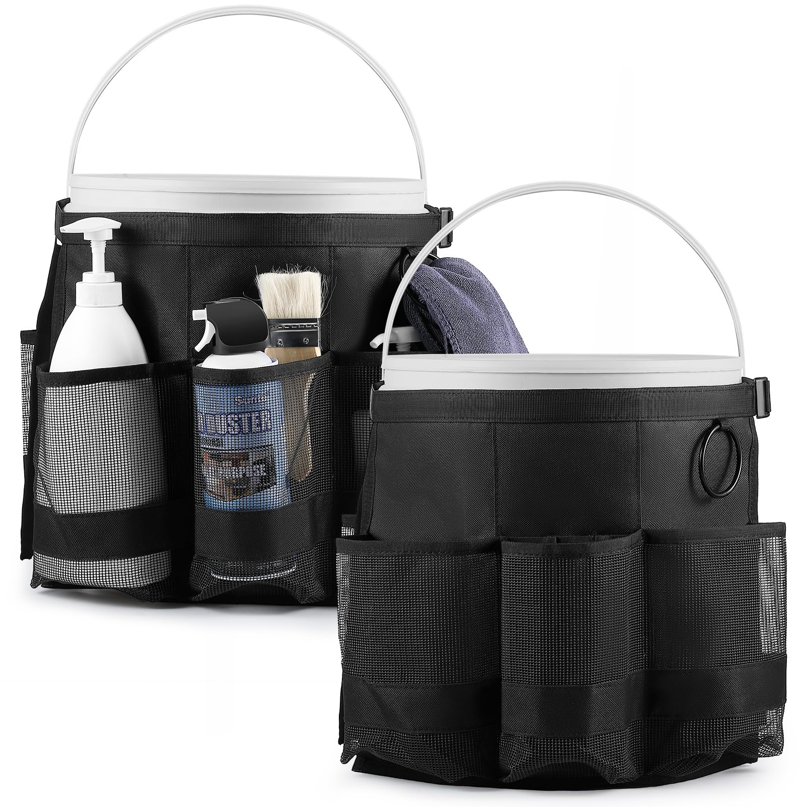 Bulyoou 2 Pcs Bucket Organizer for 5 Gallon Car Wash Caddy Bucket Tool Bag with 6 Mesh Pockets for Cleaning Garden Fishing Tools, Bag Only