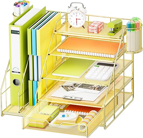 Marbrasse Organizador de escritorio con soporte para archivos, organizadores de escritorio de 5 niveles y accesorios con cajón y 2 soportes para