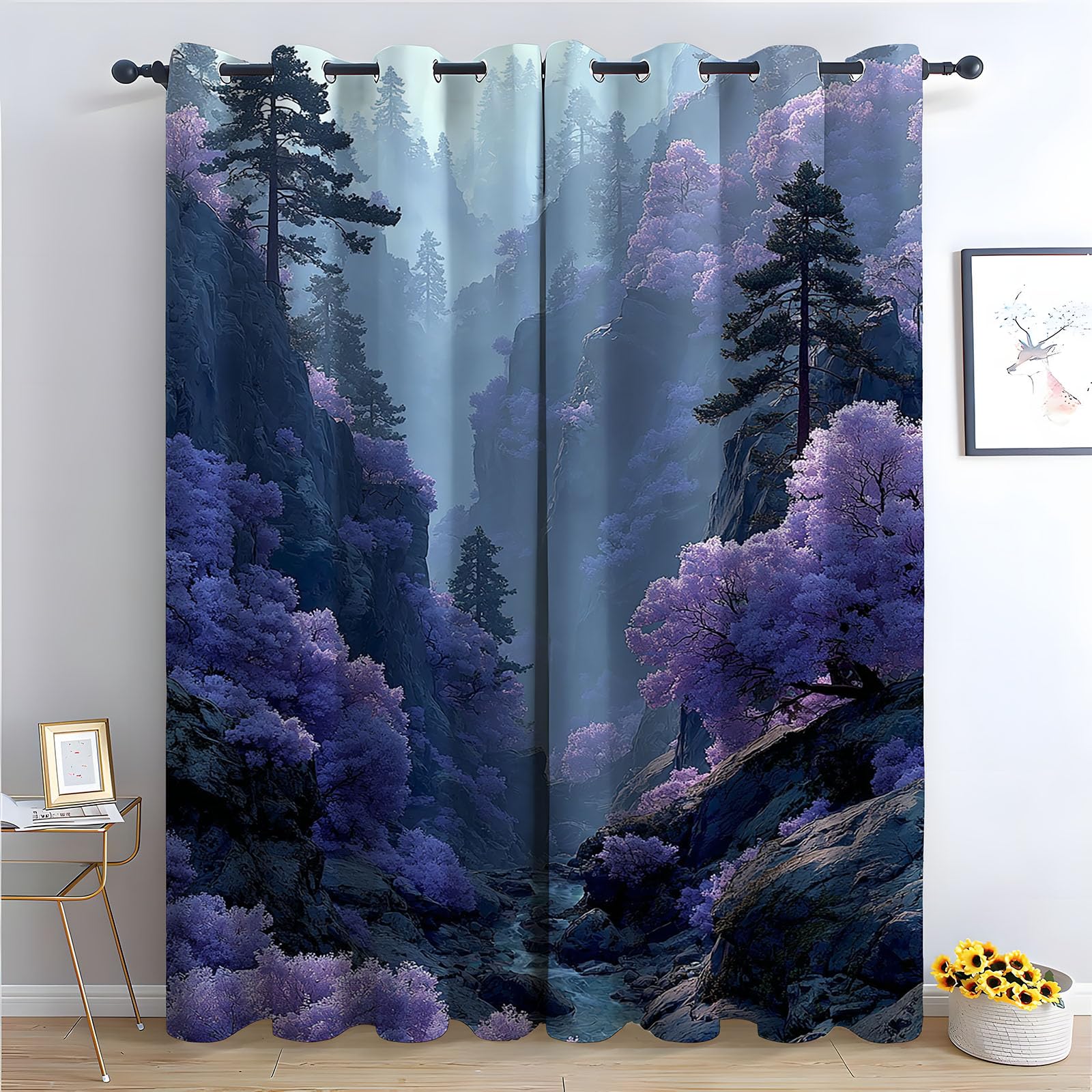 Rideaux à motif floral forêt gris et violet décoration salon H180
