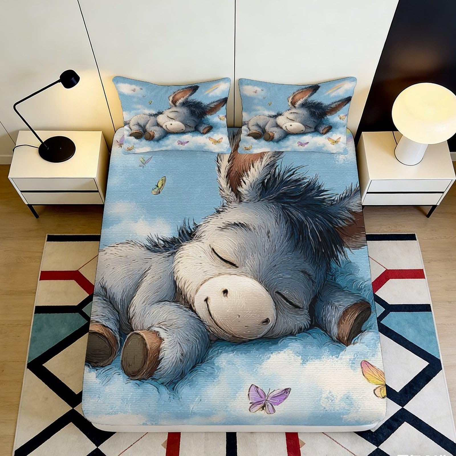 3D Printed Sleeping Donkey Fitted Sheet Microfiber Soft Breathable Blue Cartoon Bed Cover for Bedroom Dormitory Guest Room Mattress Protection Decor 120x200x25cm