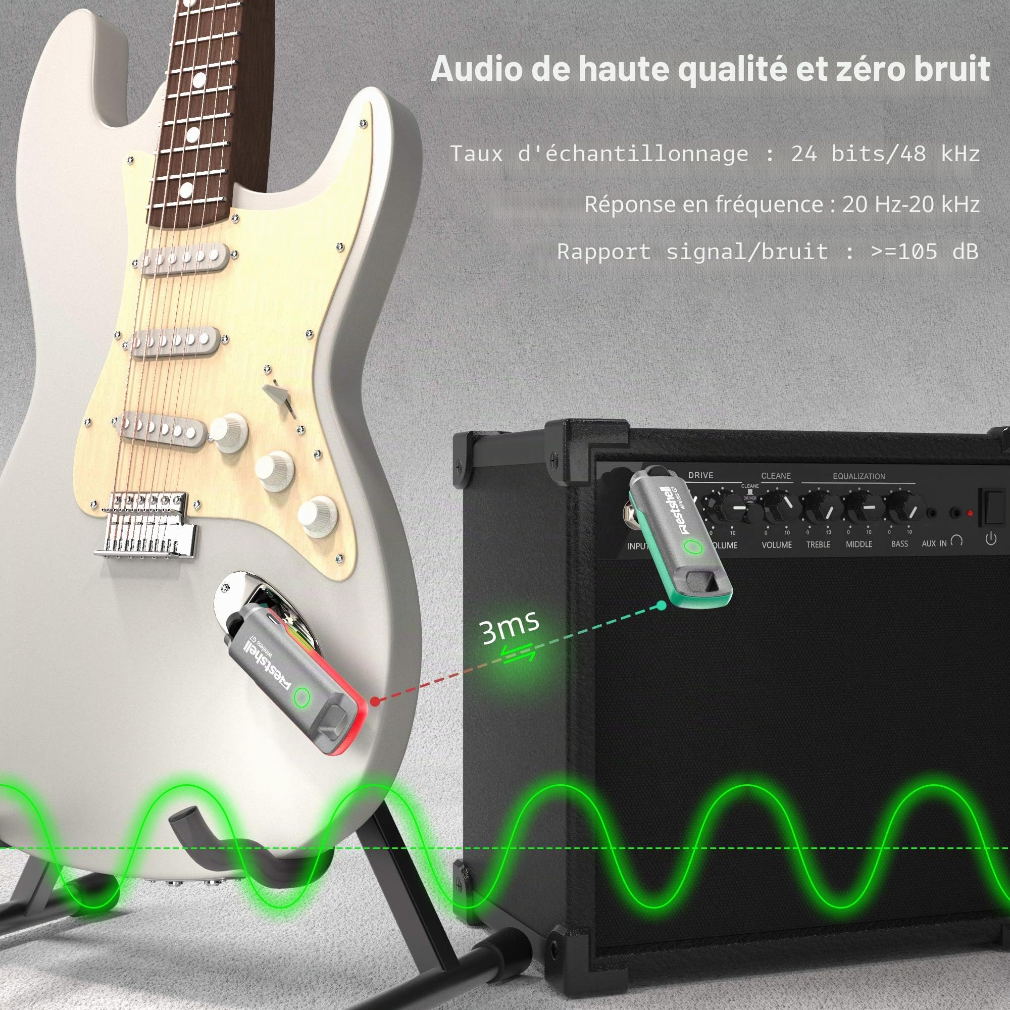 Système de guitare sans fil, 1 touche pour commuter la guitare, émetteur-récepteur pour instrument électronique, ampli de guitare, accessoires de guitare basse électrique acoustique (G7)