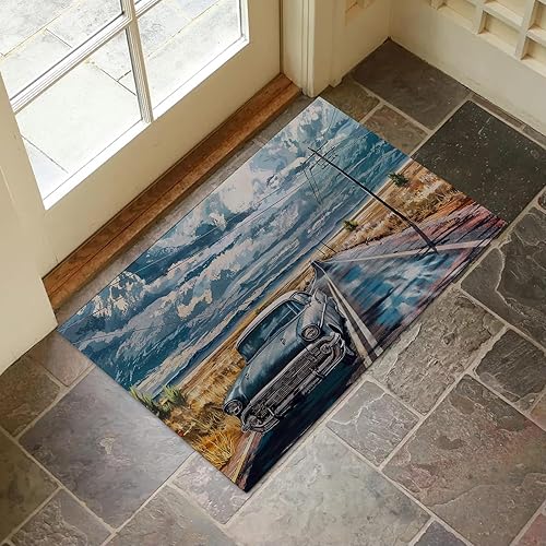 Tapete vintage para puerta de interior de Car Route 66, 17 x 29.5 pulgadas, tapete retro para decoración del hogar, tapete antideslizante para sala