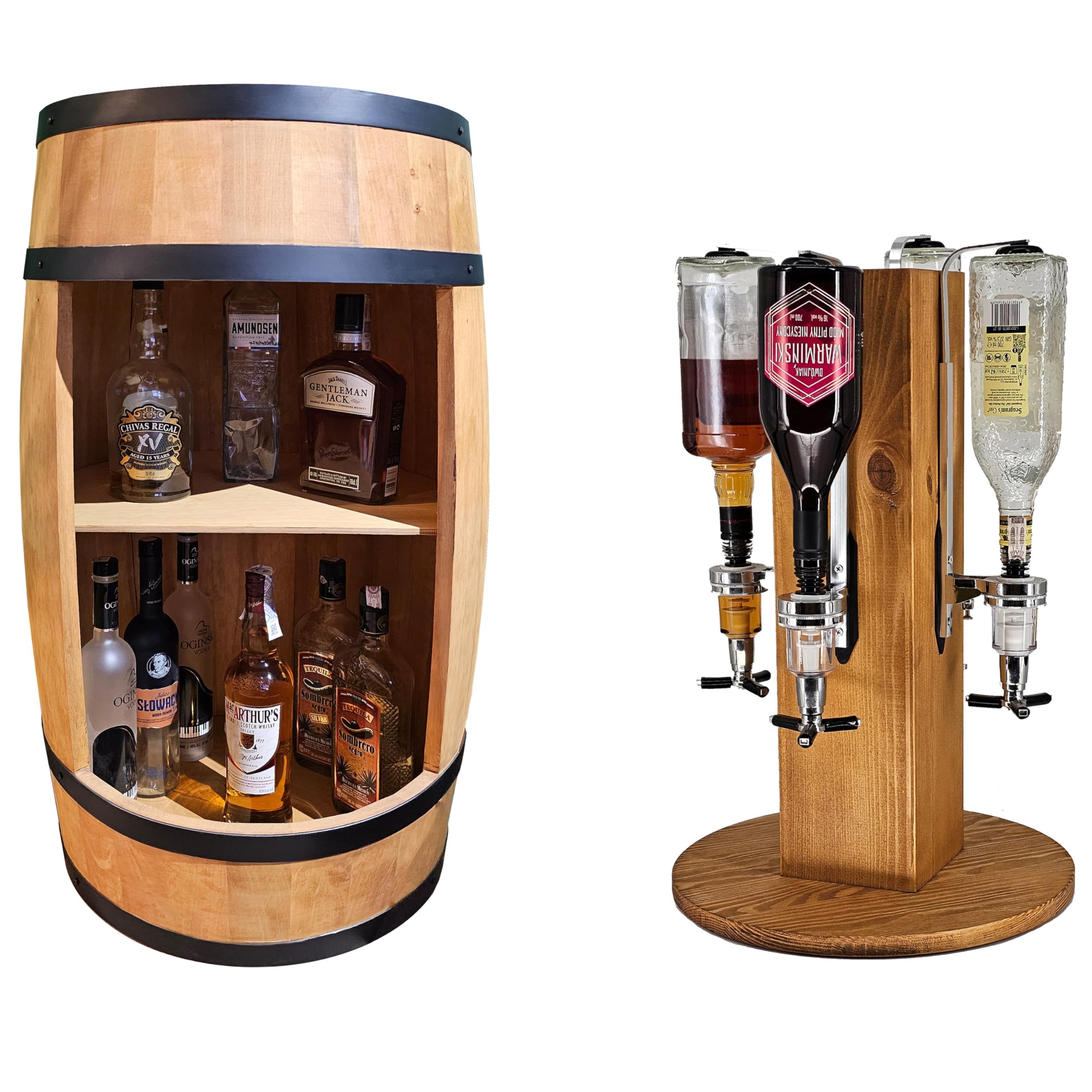 CREATIVE COOPER Juego de un barril de vino de madera con estante y un soporte para alcohol con 4 vertedores de roble
