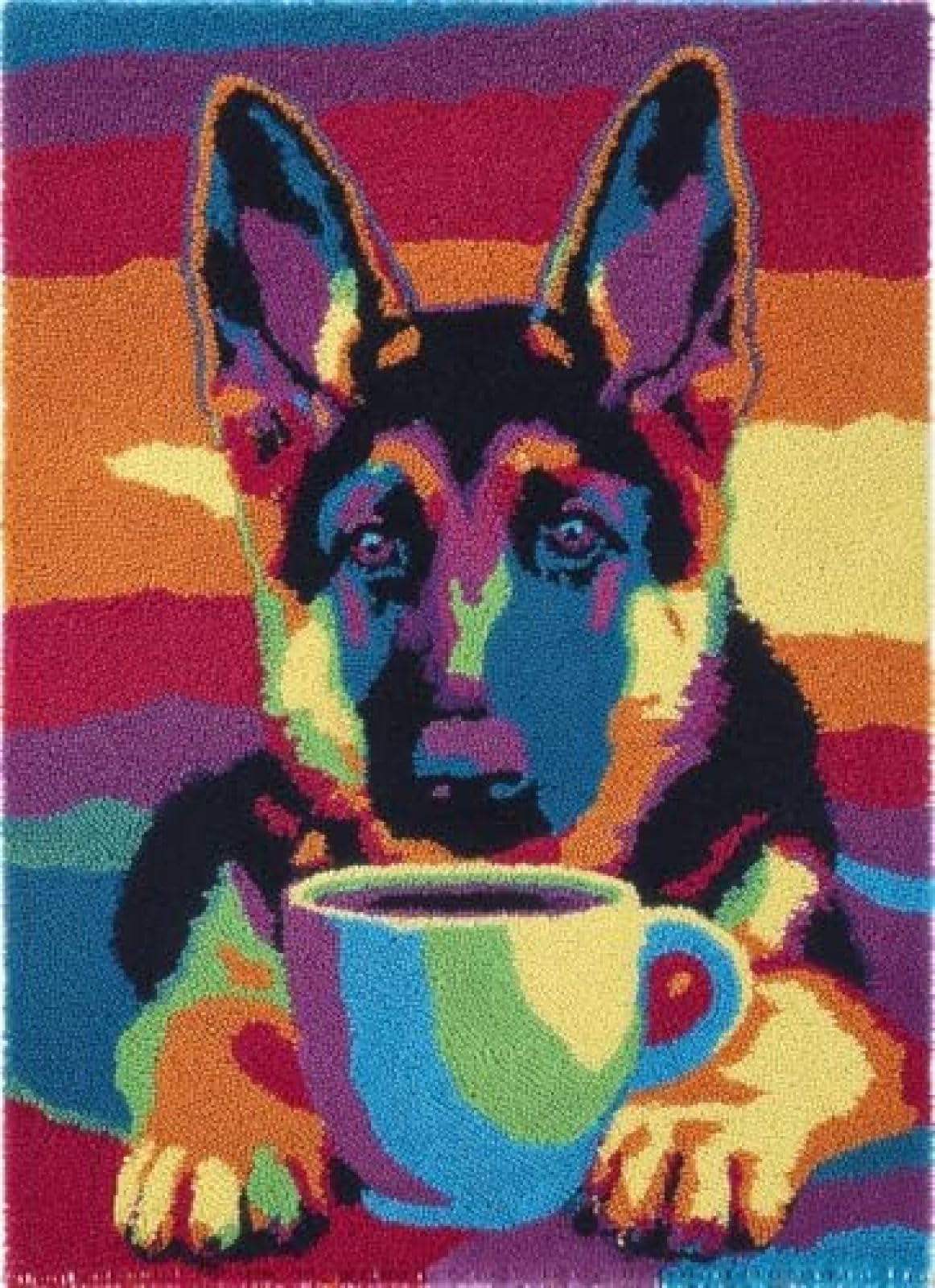 XDEGHUANGSS Latch Hook Rug Kit German Shepherd Dog Puppy Drink Coffee Cushion Cover DIY Craft Set Pre-Printed Mat 38x52cm for Home Decor-3