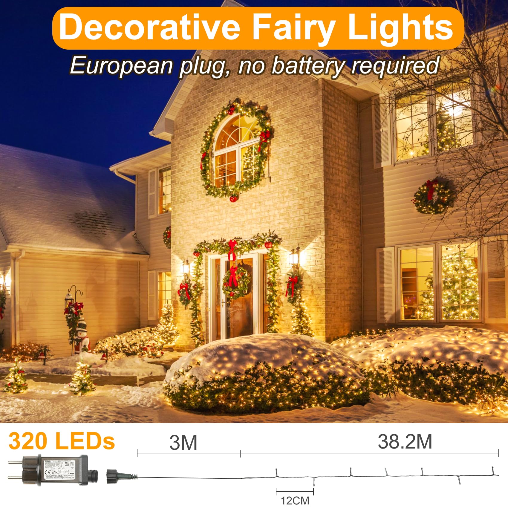 Realky Luci Albero di Natale, 38.2M 320 LED Luci Natalizie da Esterno ed Interno, 8 Modalità con Funzione Memoria e Telecomando Luci di Natale per Giardino, Balcone, Casa, Festa - Bianco Caldo