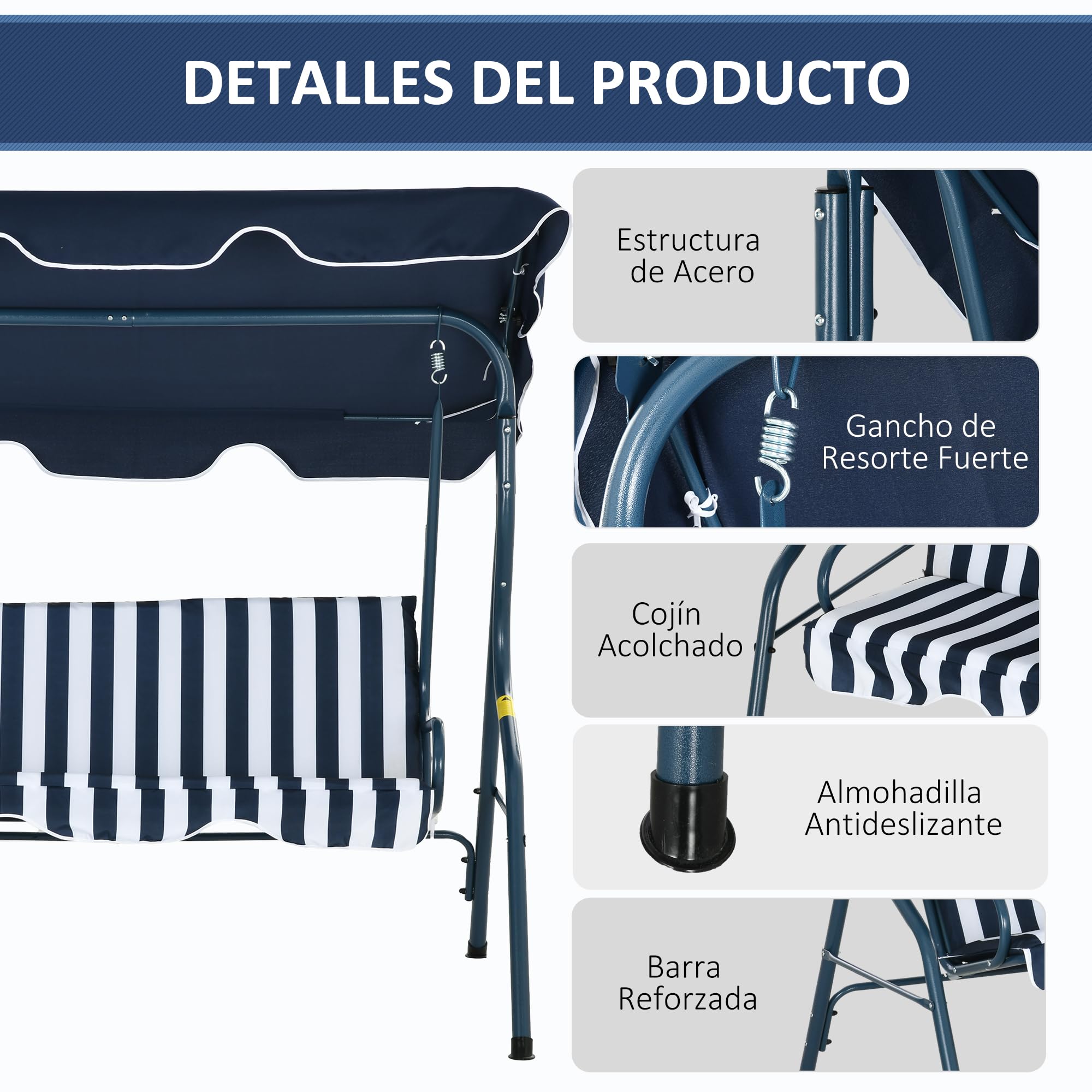 Outsunny Columpio de Jardín de 2-3 Plazas, Balancín de Exterior con Toldo Ajustable en Ángulo, Impermeable y Marco de Acero, para Patio, Balcón, 170x110x153 cm, Azul