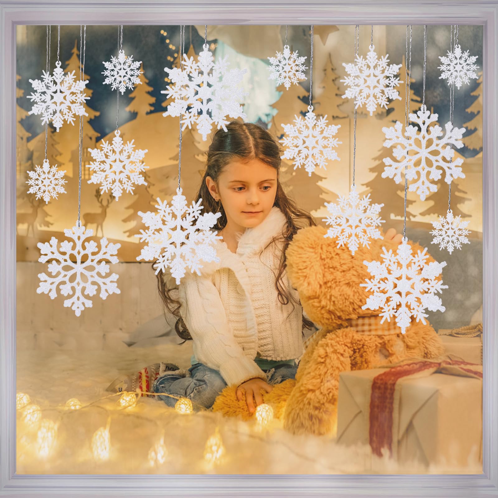 36 adornos de copo de nieve blancos para árbol de Navidad, decoraciones de copos de nieve de plástico con purpurina, copos de nieve de Navidad, adornos de Navidad de copo de nieve, adornos de copos de