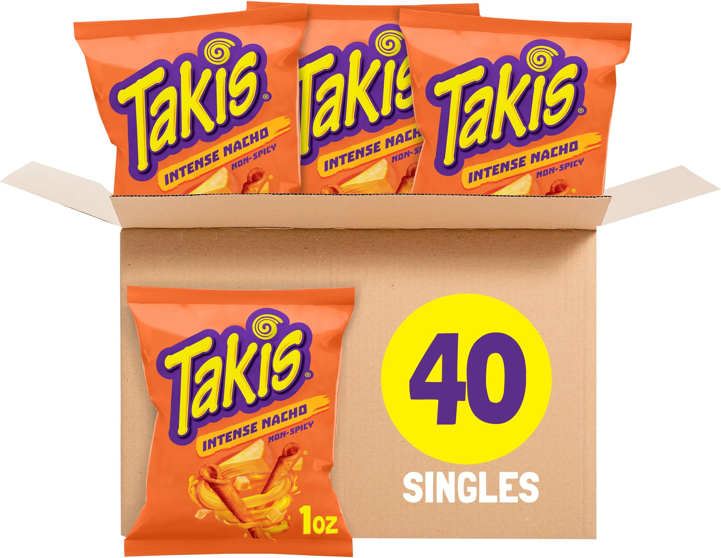 Takis Intense Nacho 40 pc / 1 oz Multipack - Cheddar Cheese Flavored Non-Spicy Rolled Tortilla Chips - Individual Bags, Perfect for Tailgates, Parties, Lunchboxes or Lunches
