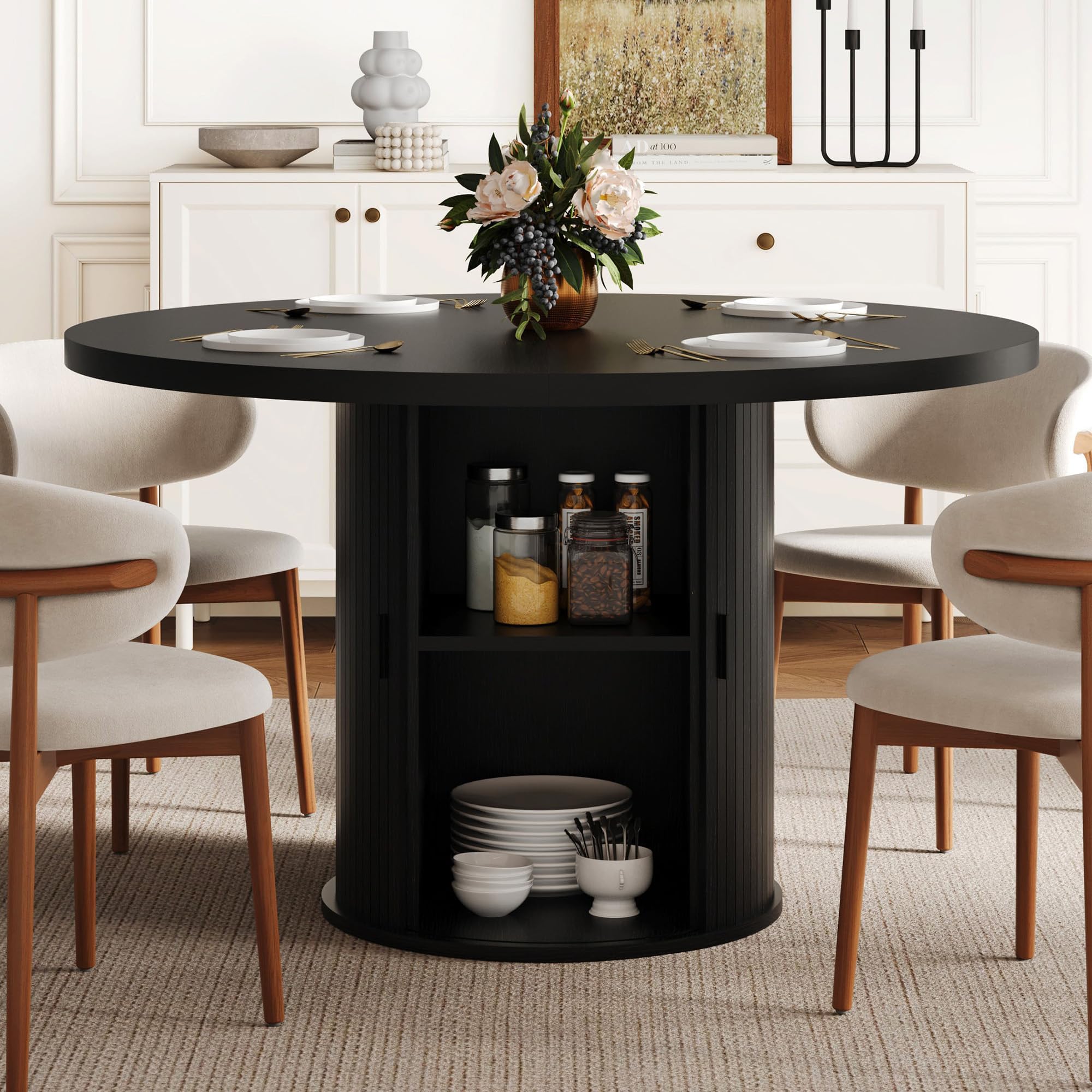 47 inch Round Dining Table for 4-6, Dinner Table with 2-Layer Storage Shelf, Morden Circle Kitchen Table with Wooden Strip Base and Wood Slide Door for Home Dining Room, Living Room, Black