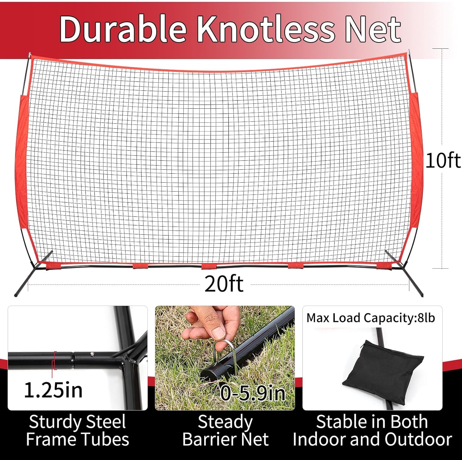 7x7/16x10/20x10ft Backstop Net, Ball Stop Net with Handbag,Fix Sports Net Barrier by 4 Spike&2 Sandbag,Sports Practice Barrier Net for Baseball,Softball,Lacrosse Train,Backstop Net for Backyard