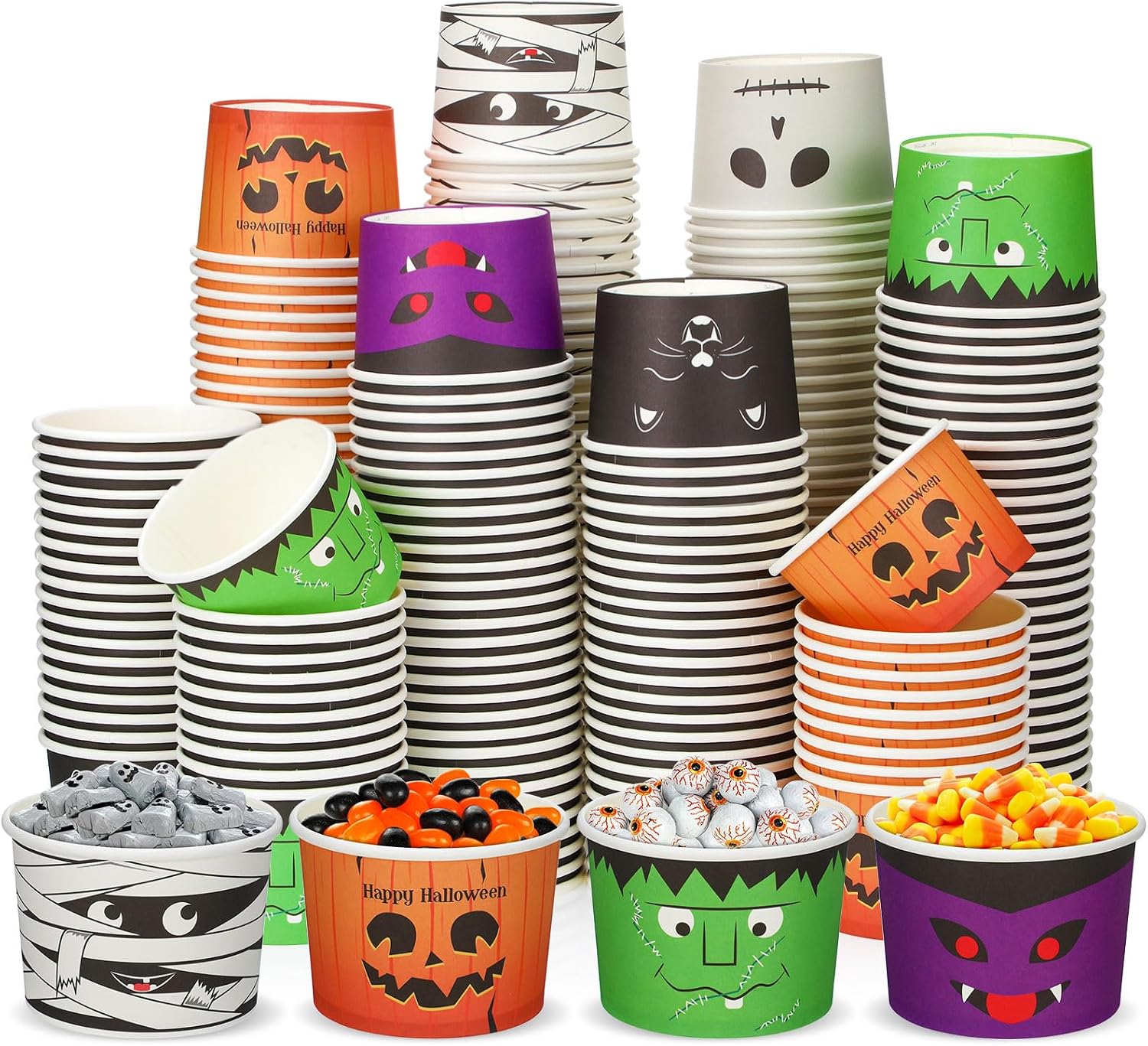Zhehao 180 Pcs 8 oz Halloween Snack Cups Disposable Halloween Candy Bowls Pumpkin Ice Cream Cups Skeleton Paper Dessert Bowls for Hot or Cold Food Party Supplies(Funny Facet)