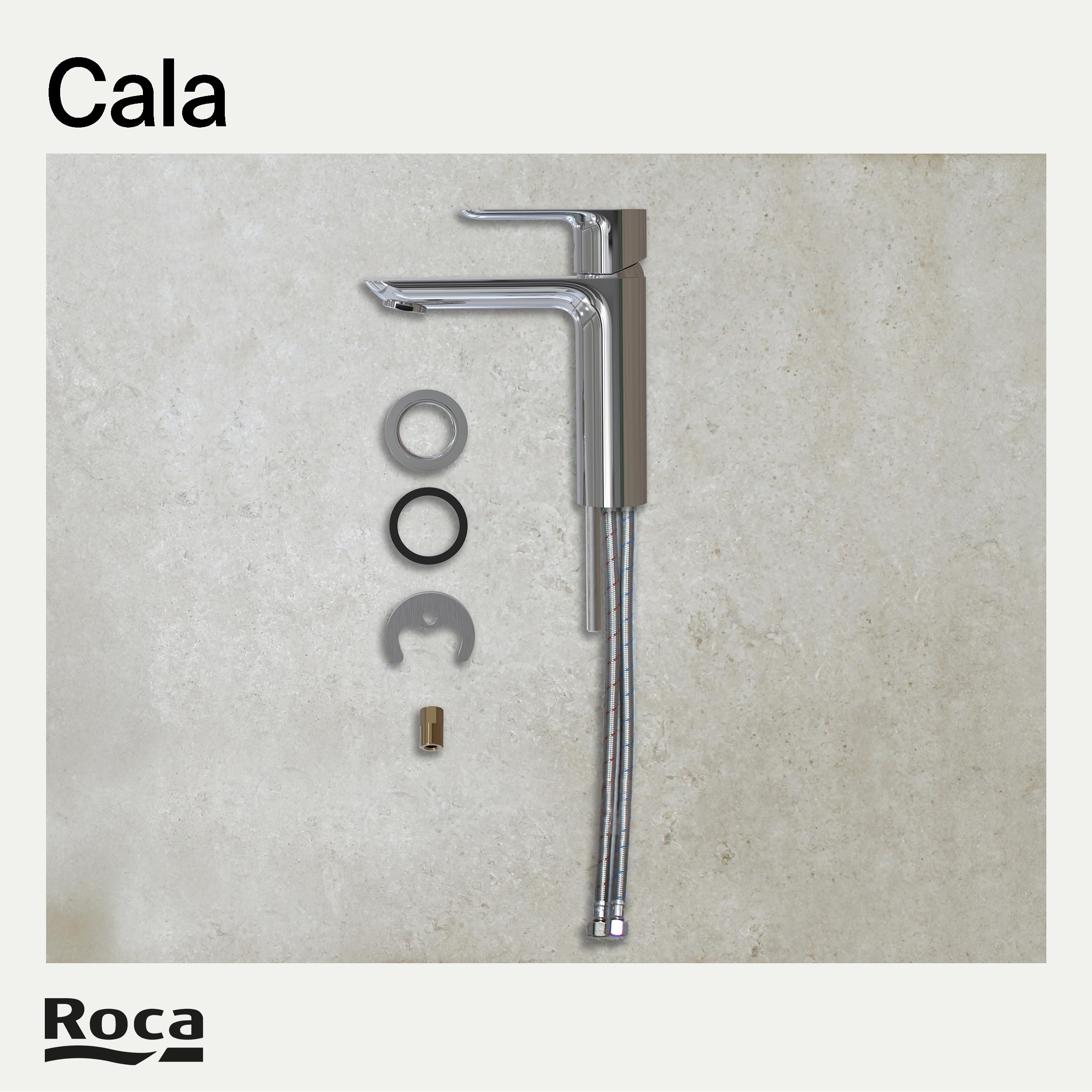 Roca Cala Grifería para lavabo con tecnología Cold Start, grifo monomando de repisa con enlaces de alimentación flexibles, mezclador para cuarto de baño de fácil instalación, cromado, A5A326EC00