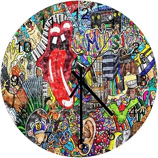 Graffiti Wood Wall Clock, Hip-Hop Street Culture Colorful Music Wall Graffiti 12 Inch Silent Non-Ticking Battery Operated Round Clock for Bedroom Living Room Office Kitchen Decor
