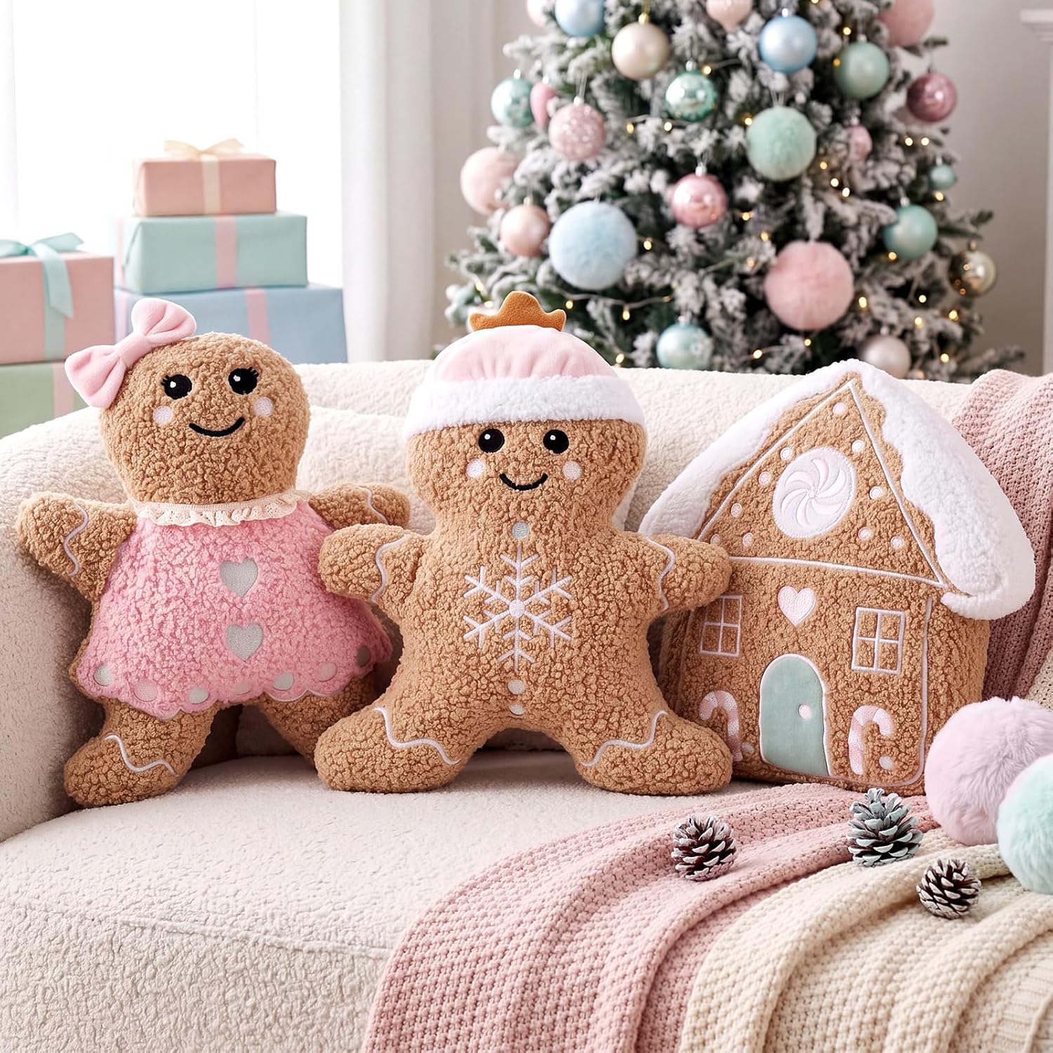 Konohan 3 Pcs Christmas Gingerbread Man House Throw Pillows Xmas Pillows