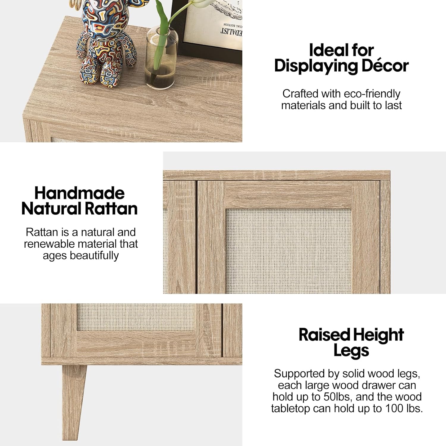 Panana Buffet Cabinet Sideboard with Rattan Decorated Doors Kitchen Storage Cupboard Accent Cabinet (Natural Wood)