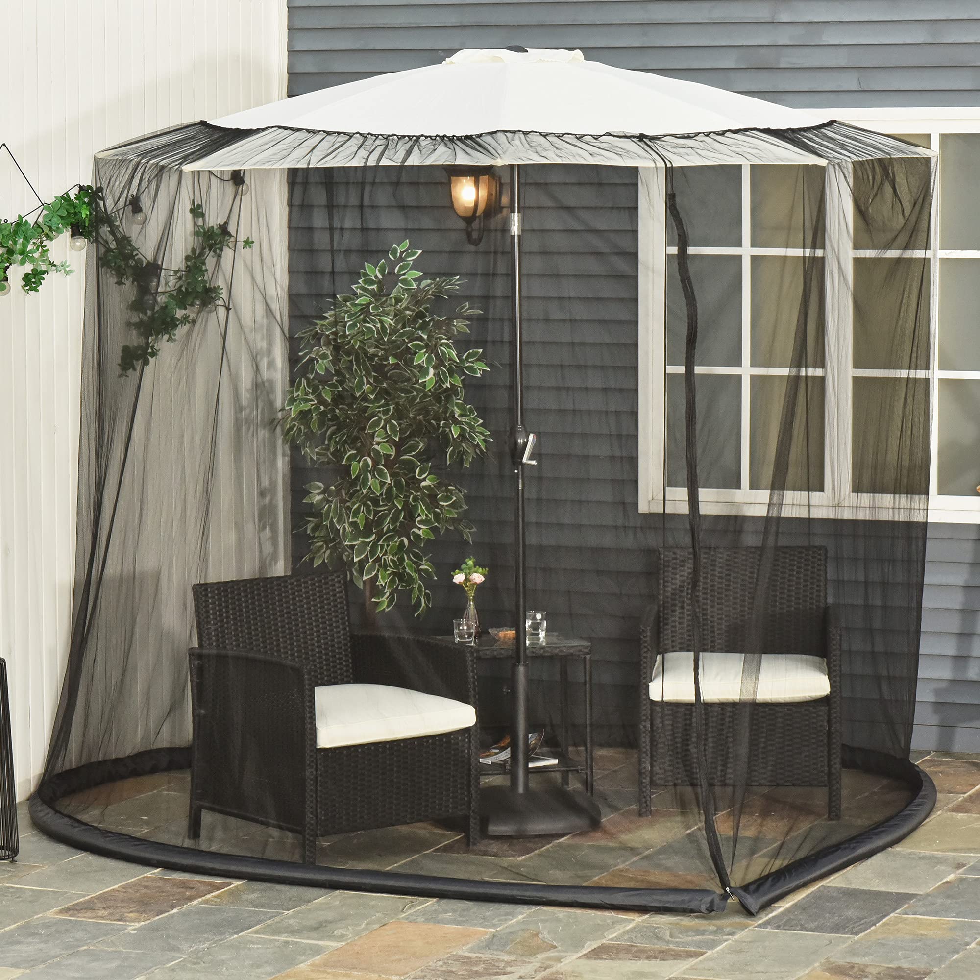 Outsunny Zanzariera per Ombrellone 3x2.3 m Maglie Strette Regolabile con Cerniera Tubo Riempibile Acqua Sabbia Nero
