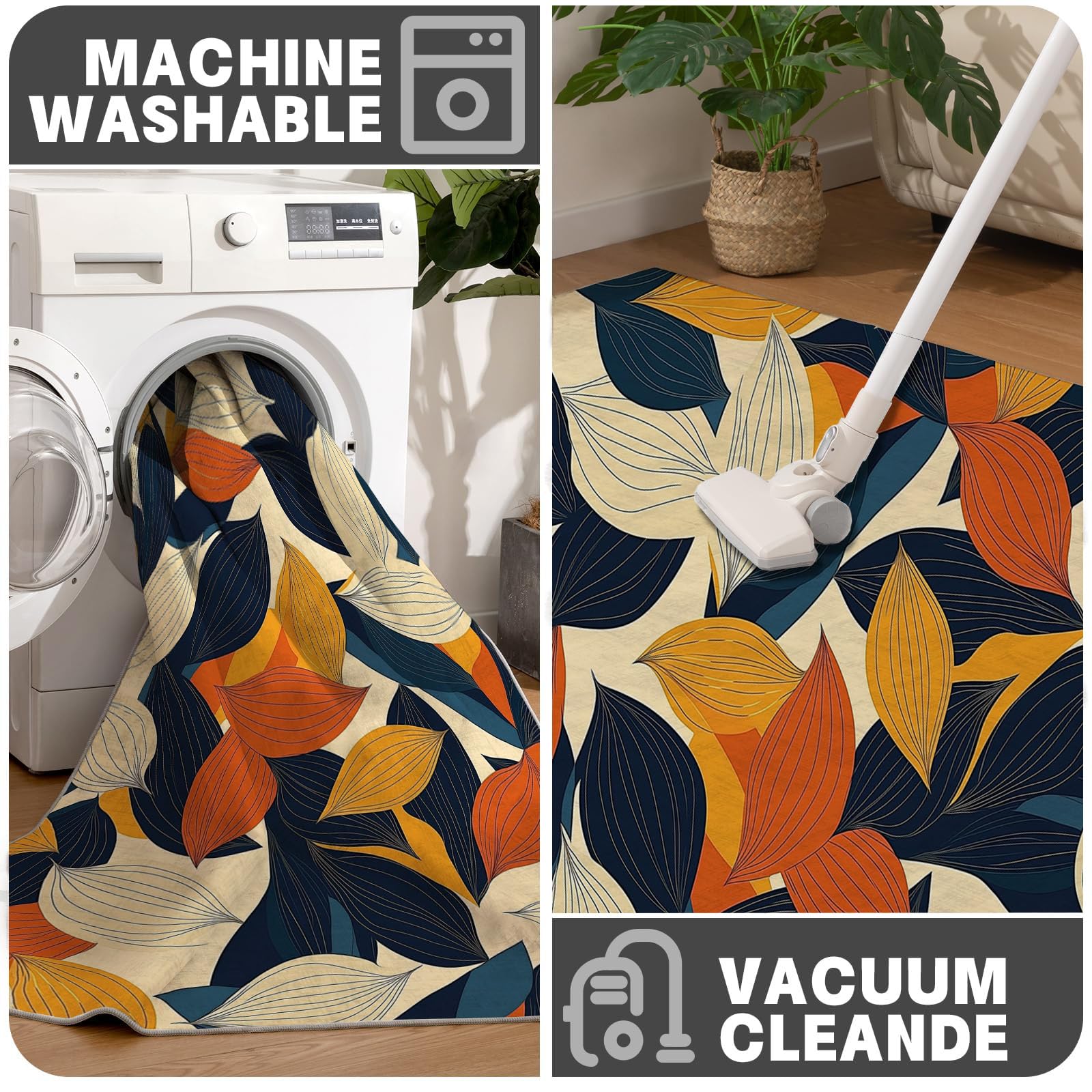 Teppich Rund 120cm, Maisblätter Geometrie Bedrucktes Design, Weich und Flauschig Retro-Botanischer Stil Küchenteppich, rutschfest Waschbar Senfgelb Teppich für Kinderzimmer Wohnzimmer Schlafzimmer