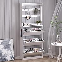 BORNOON Narrow Shoe Cabinet with 3 Flip Drawers & Coat Rack - 2-in-1 Slim Hall Tree Organizer for Entryway