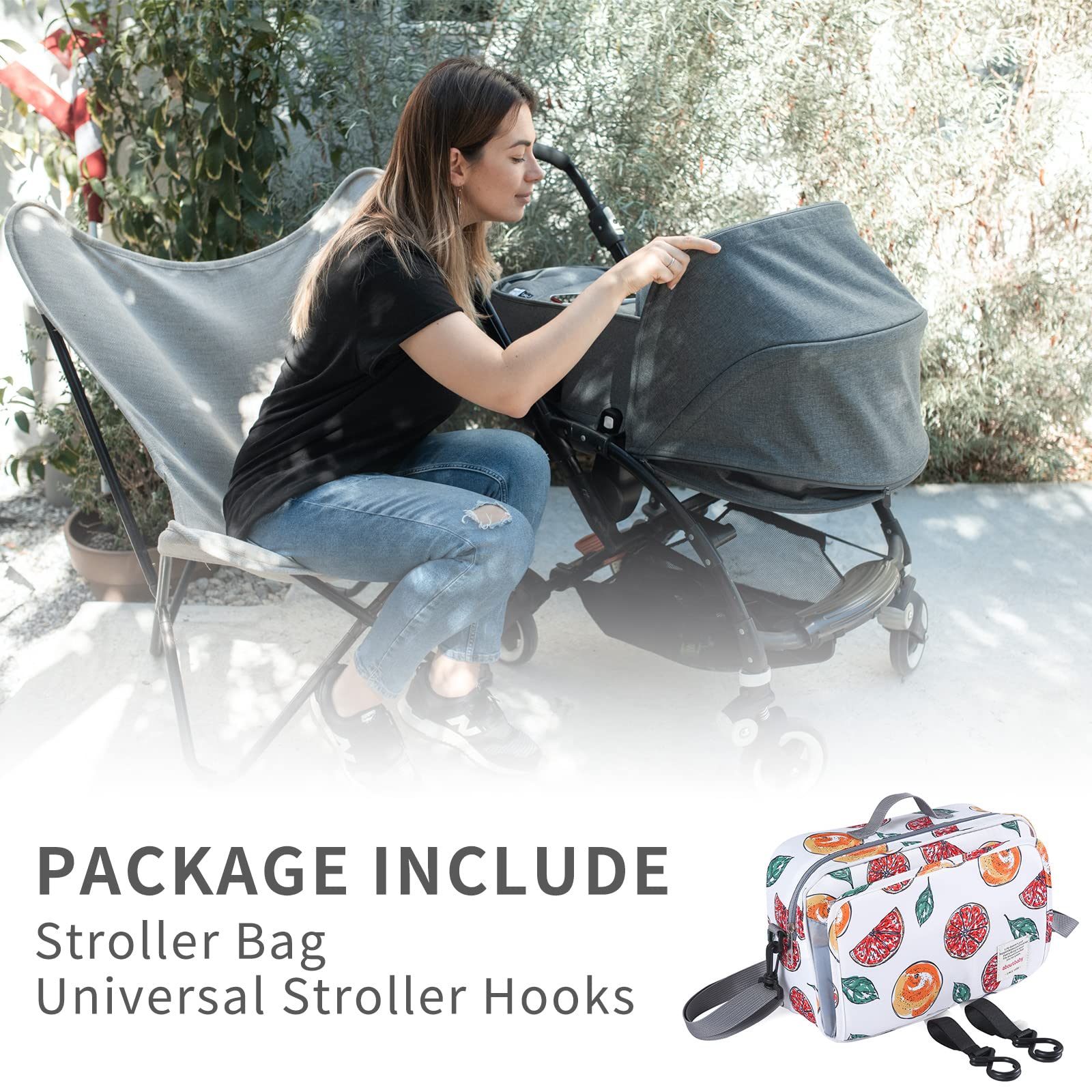 Borsa organizer per passeggino antiscivolo con tasca isolata, ganci per passeggino e cinghia regolabile, universale, adatta alla maggior parte dei passeggini, frutta